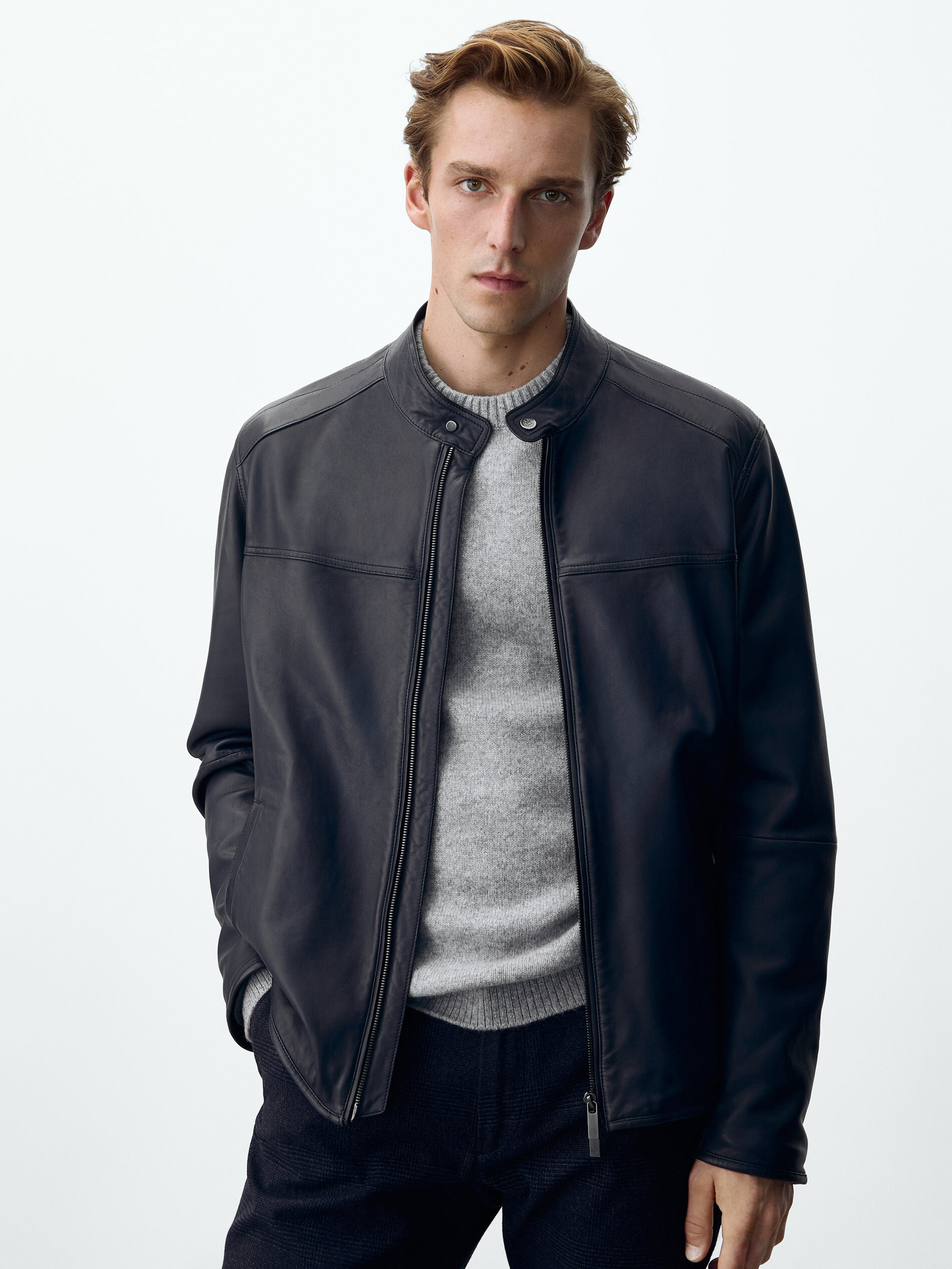 massimo dutti navy leather jacket