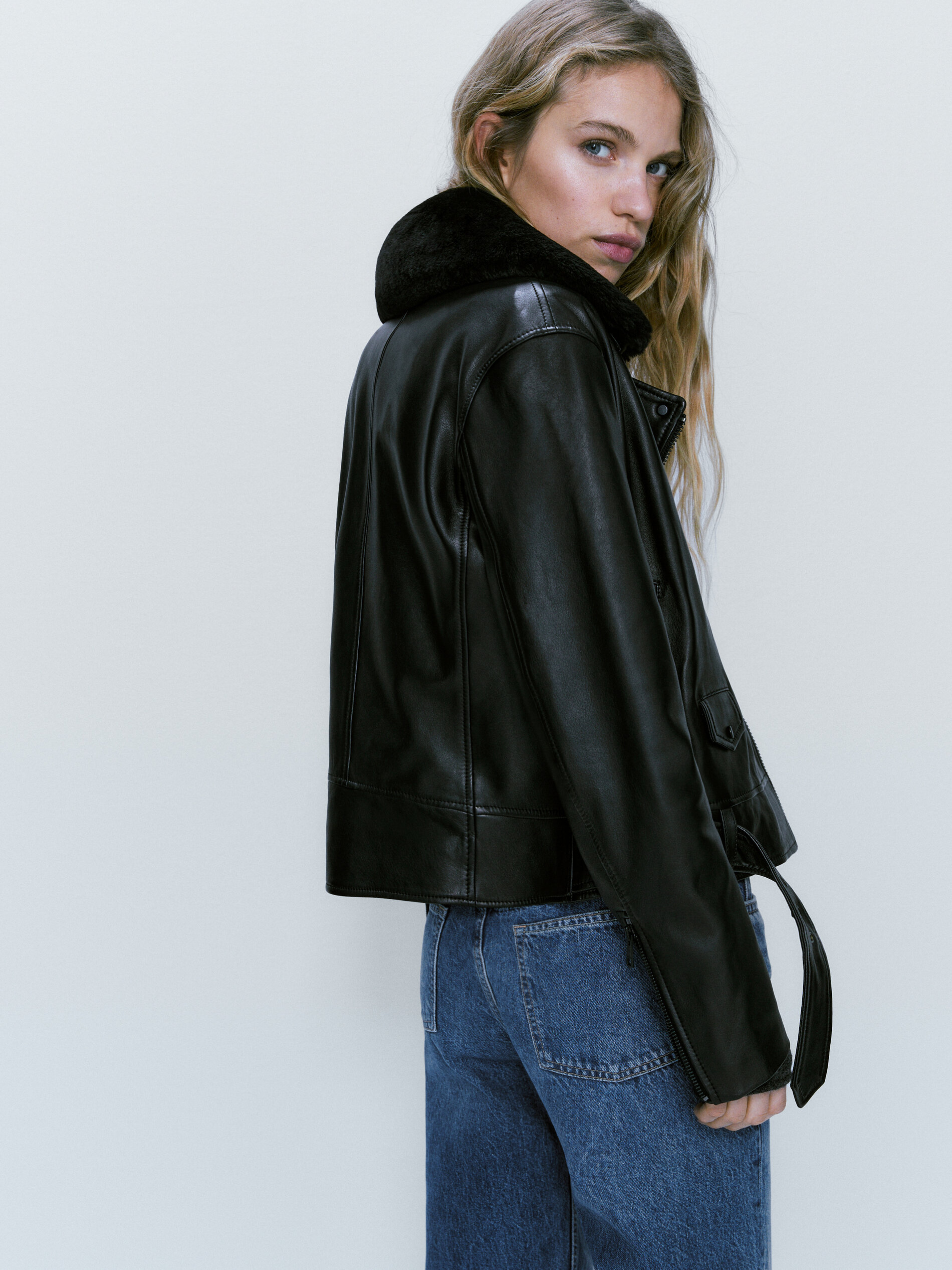 Leather biker jacket with detachable 