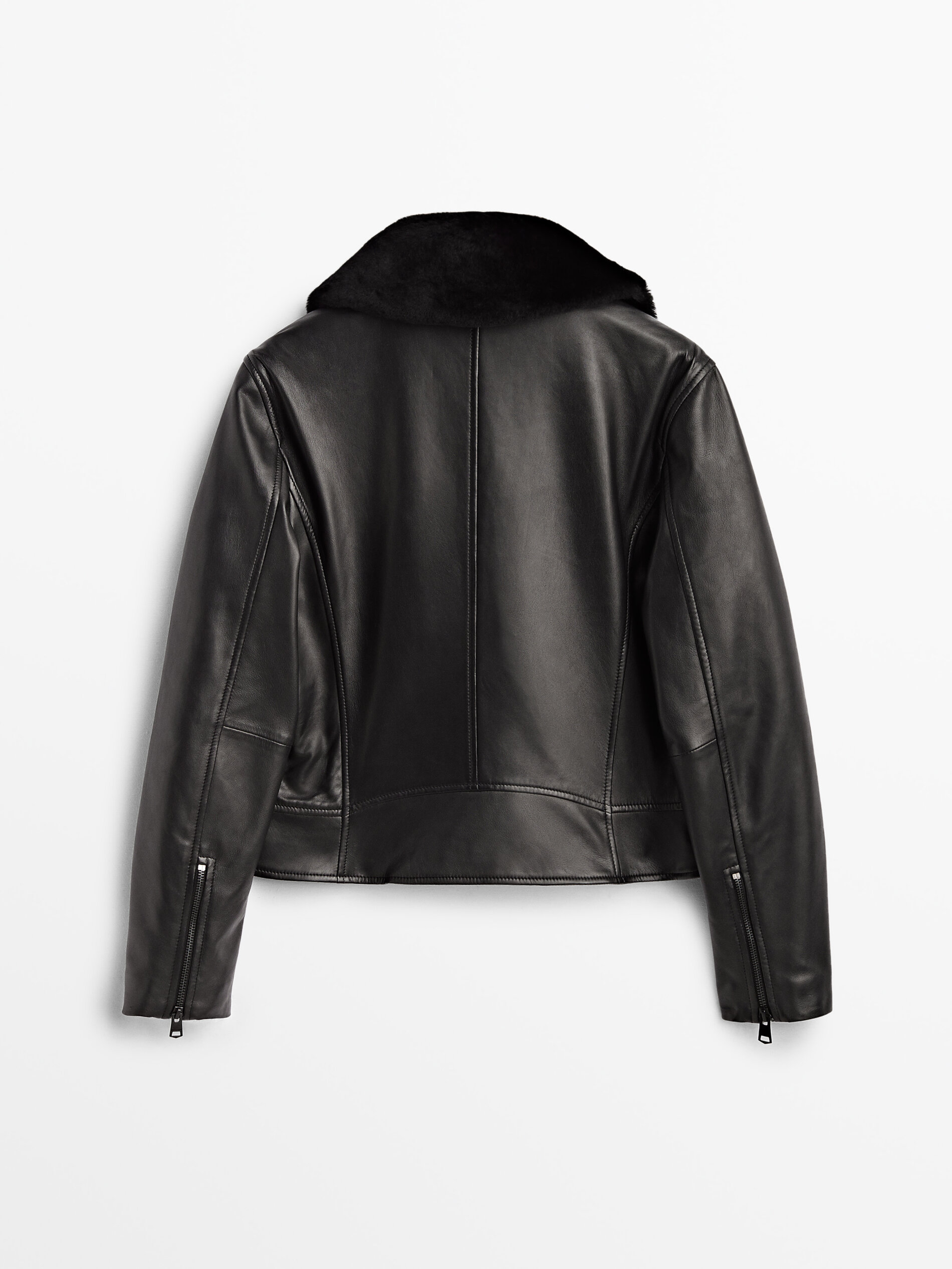 Massimo Dutti - Women - Leather Biker Jacket with Detachable Collar - Black - 16