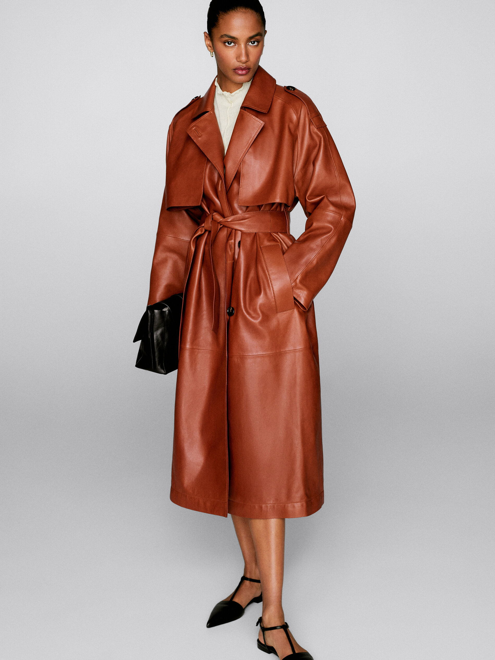 Nappa leather trench coat with belt 