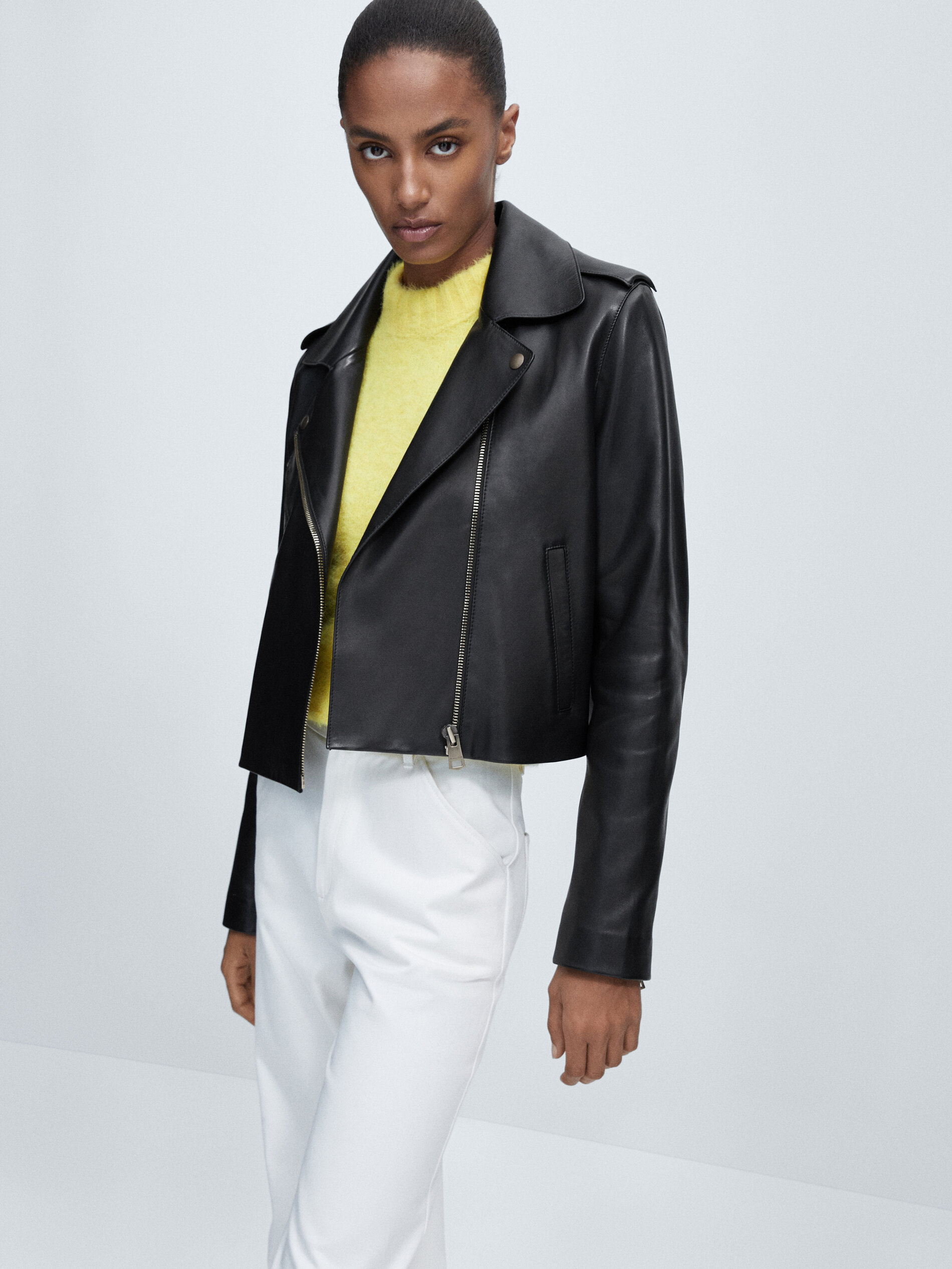 Massimo Dutti - Women - Nappa Leather Biker Jacket - Black - S