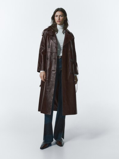 마시모두띠 Massimo Dutti Nappa leather trench-style coat with belt,BURGUNDY