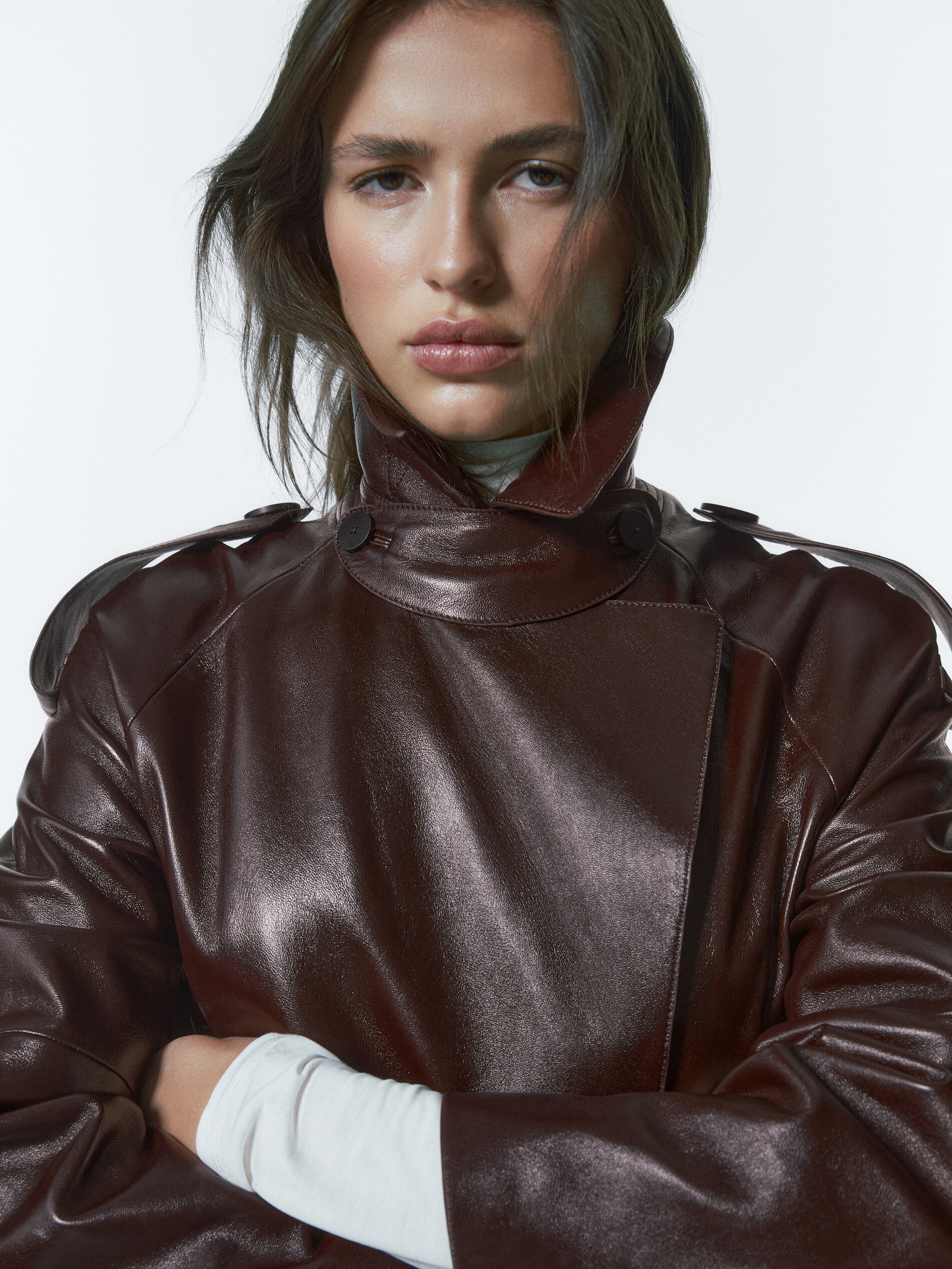 Massimo Dutti - Women - Nappa Leather Trench-Style Coat with Belt - Burgundy - 10