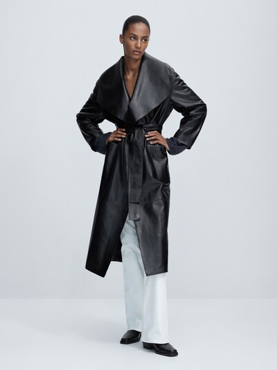마시모두띠 Massimo Dutti Leather trench jacket with lapel collar,BLACK
