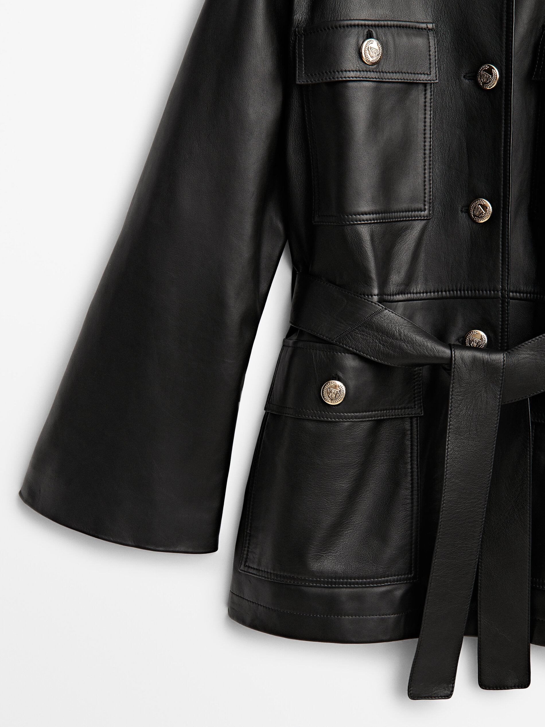 Massimo Dutti - Women - Black Nappa Leather Jacket with Buttons - Black - 14