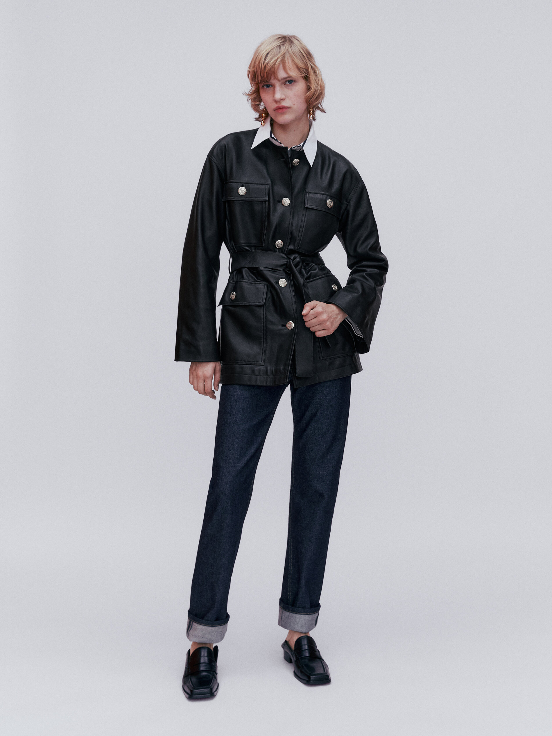 Black nappa leather jacket with buttons 