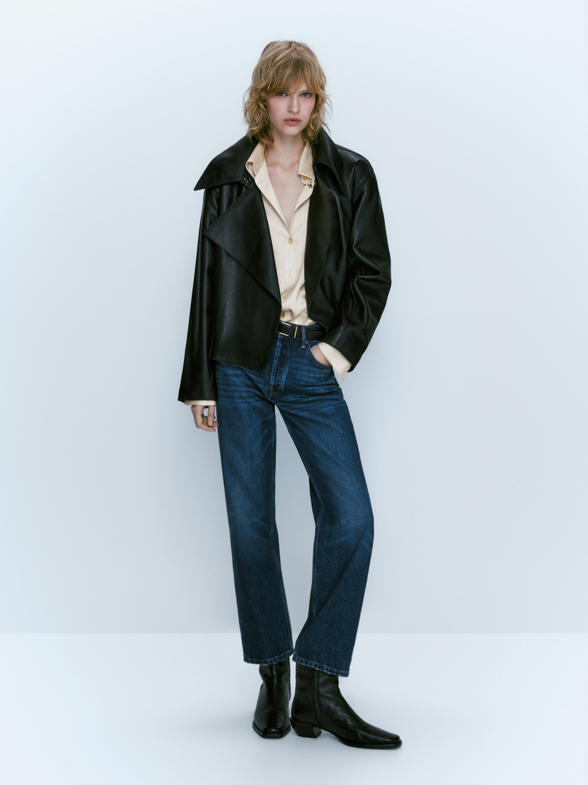 Massimo Dutti - Women - Nappa Leather Jacket with Maxi Collar - Black - M