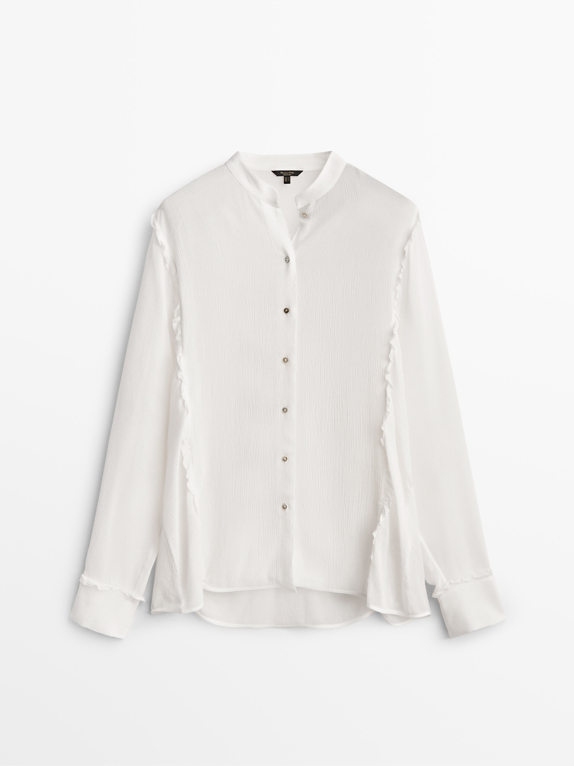 White button up blouse with ruffles clearance