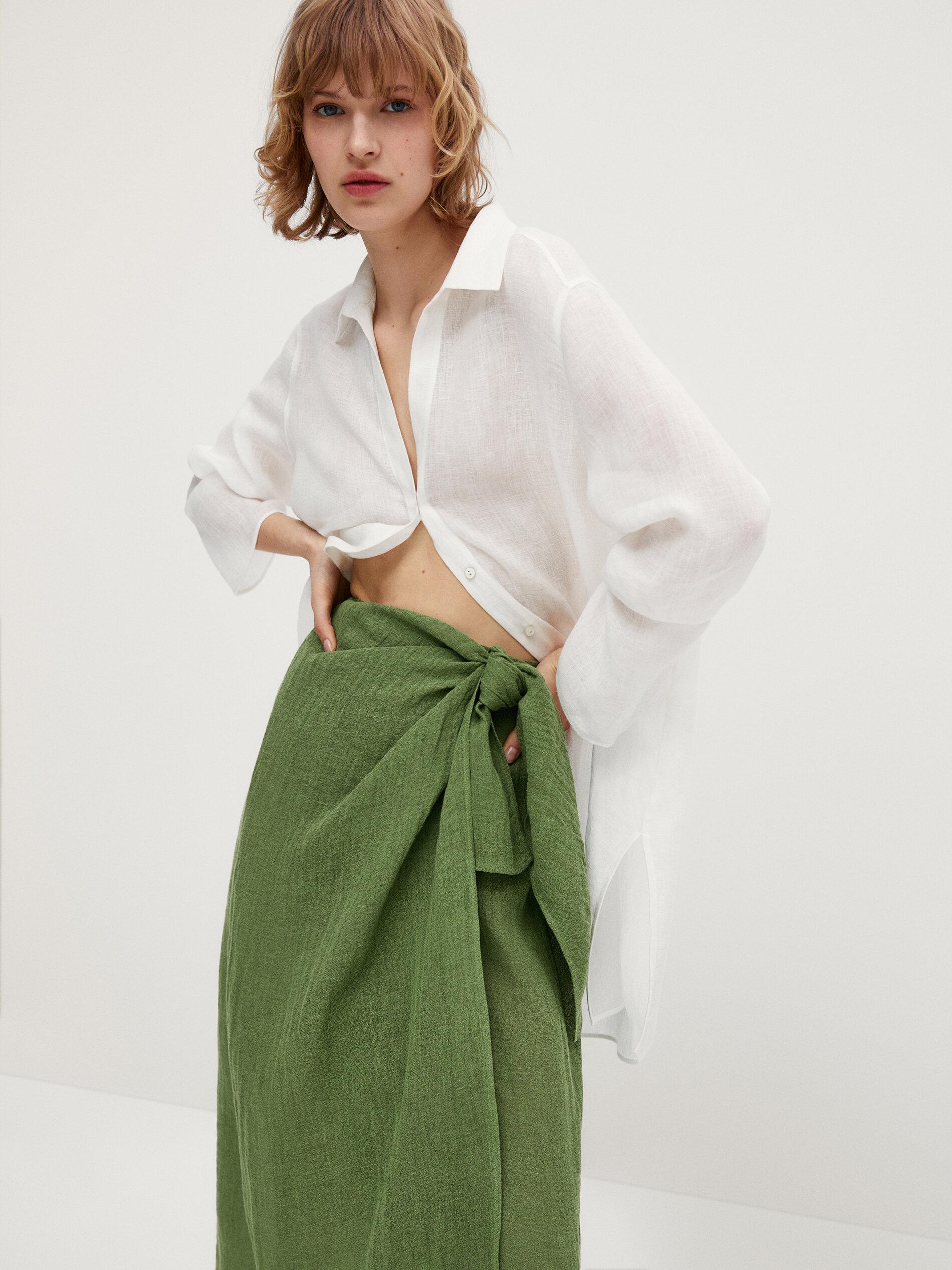 Wrap-style linen skirt with knot detail - Massimo Dutti United States of America Wrap-style linen skirt with knot detail - Massimo Dutti United States of America