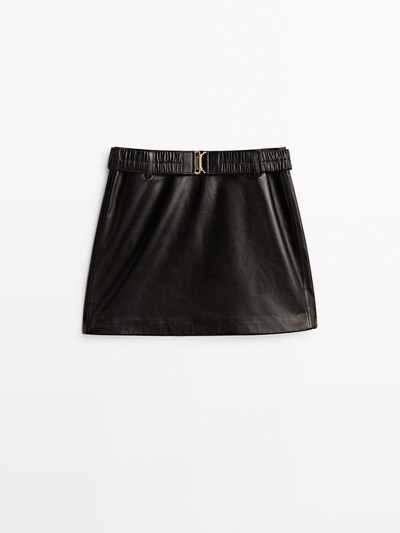 마시모두띠 Massimo Dutti Nappa leather mini skirt with stretch belt,BLACK