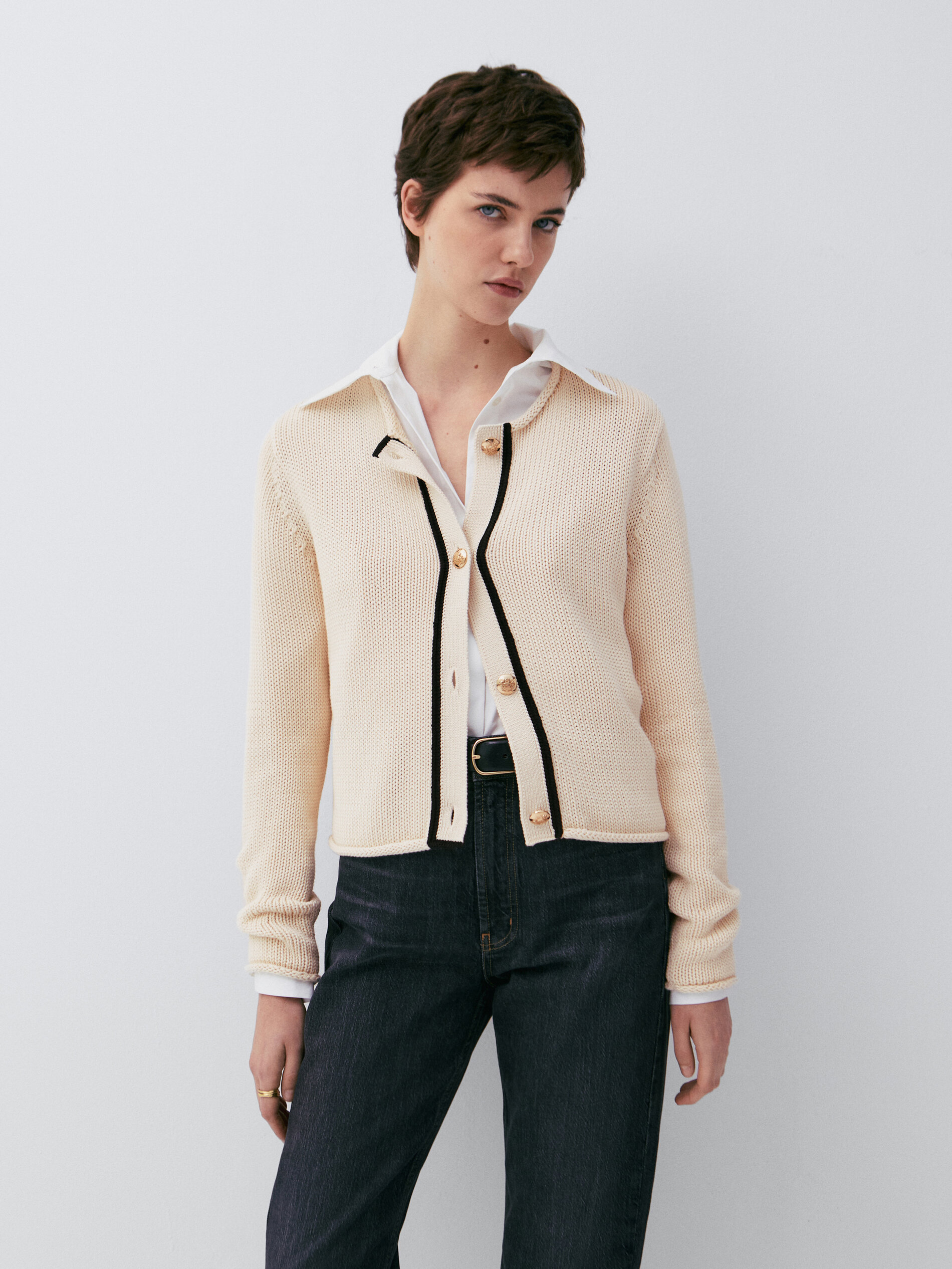 Knit cardigan with contrast placket 