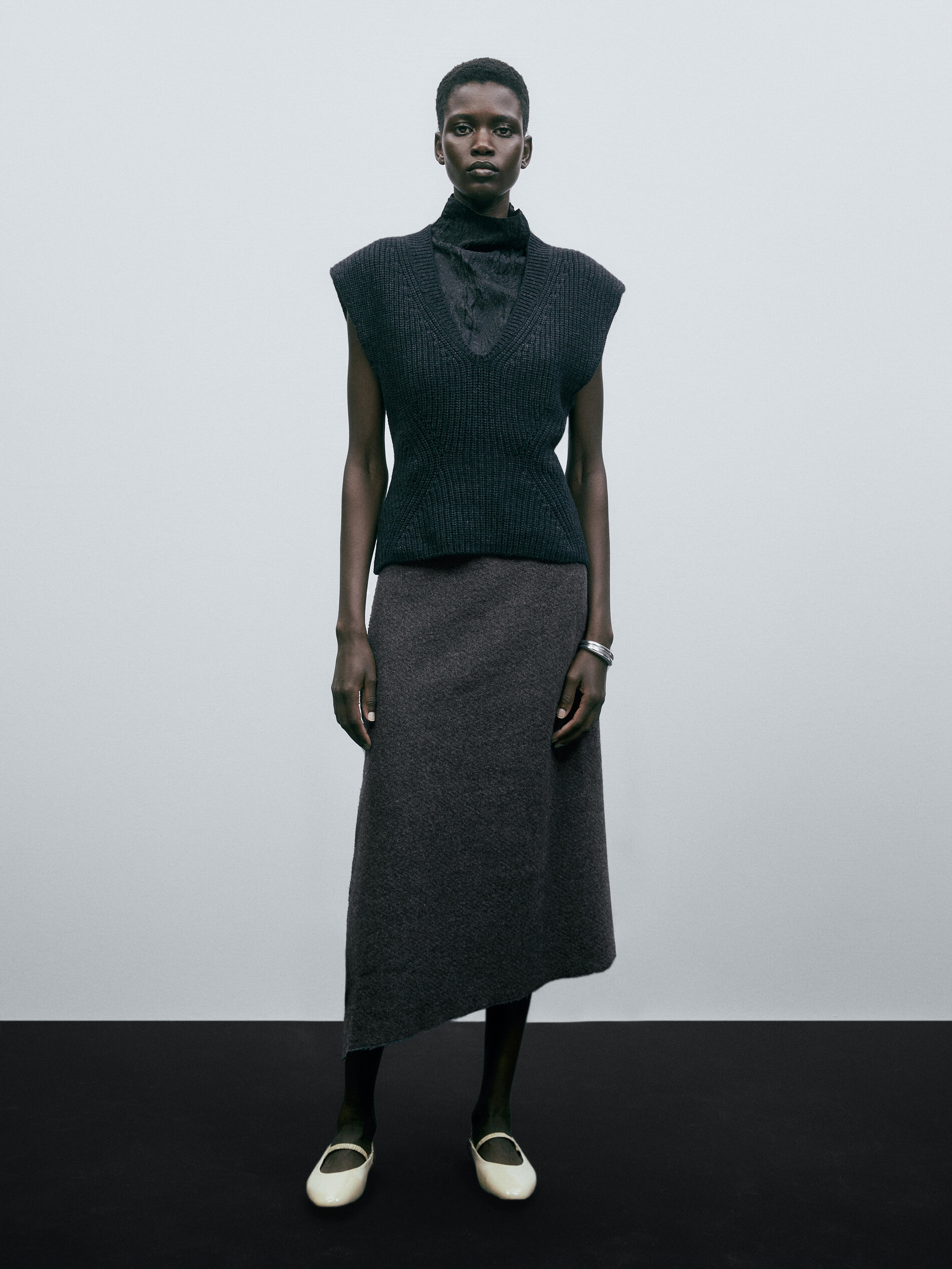 Massimo Dutti - Women - purl-knit V-Neck Vest - Anthracite Grey - 10