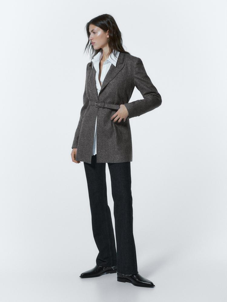 Blazer met riem en visgraatmotief ZWART