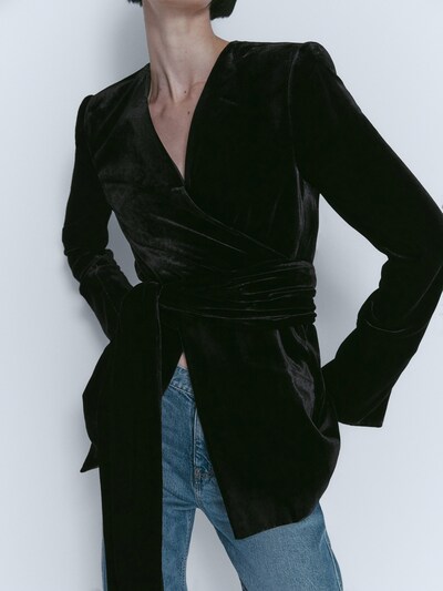 마시모두띠 Massimo Dutti Velvet blazer with tie detail,BLACK