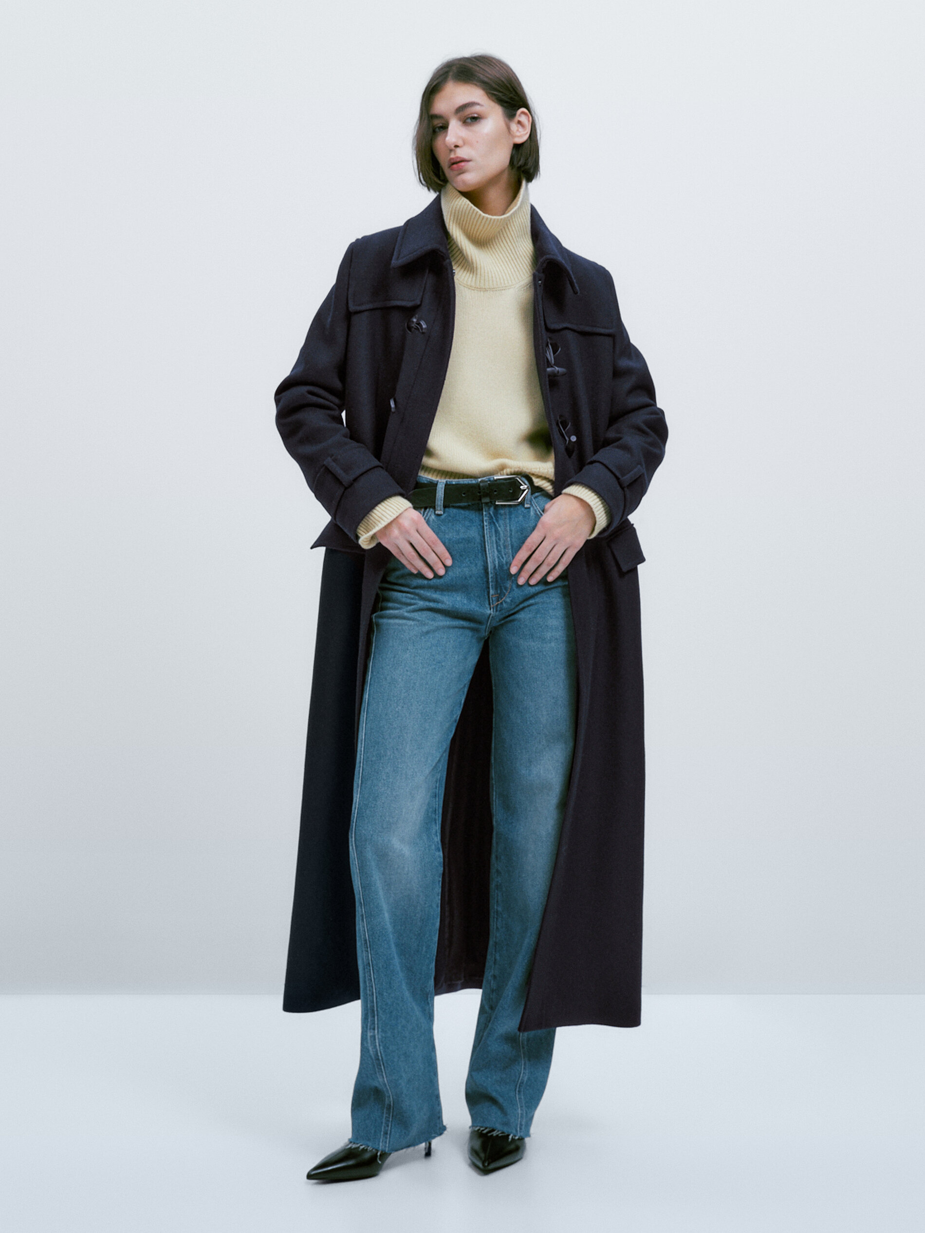 Long navy blue coat with toggles 