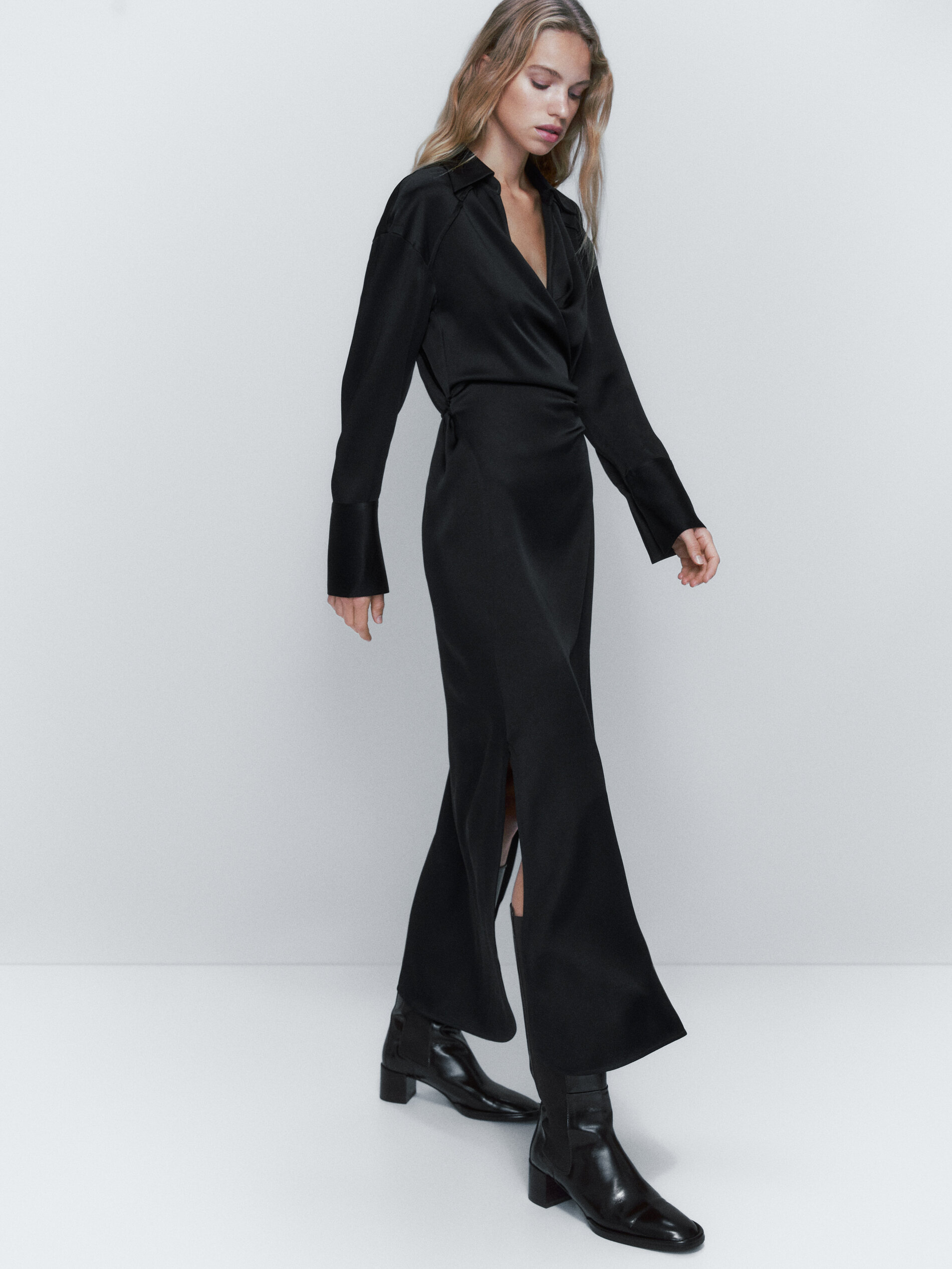 Black satin shirt dress - Massimo Dutti 
