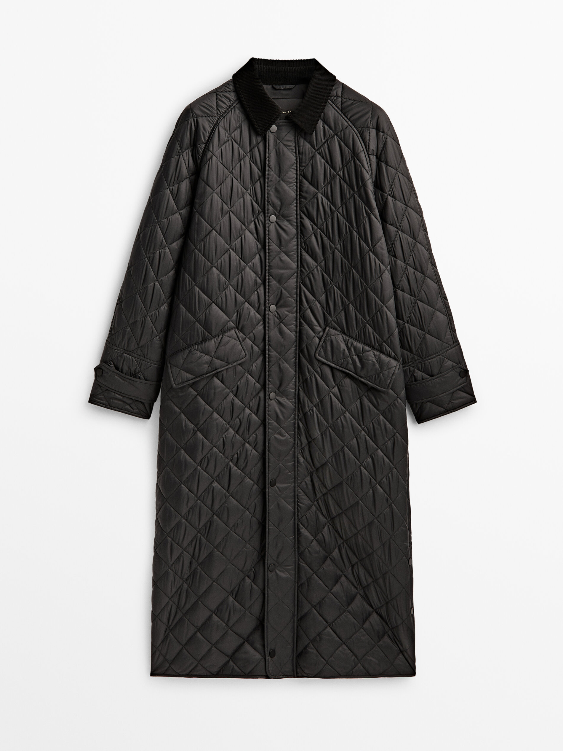 Massimo Dutti - Women - Long Padded Jacket with A Corduroy Collar - Black - Xs
