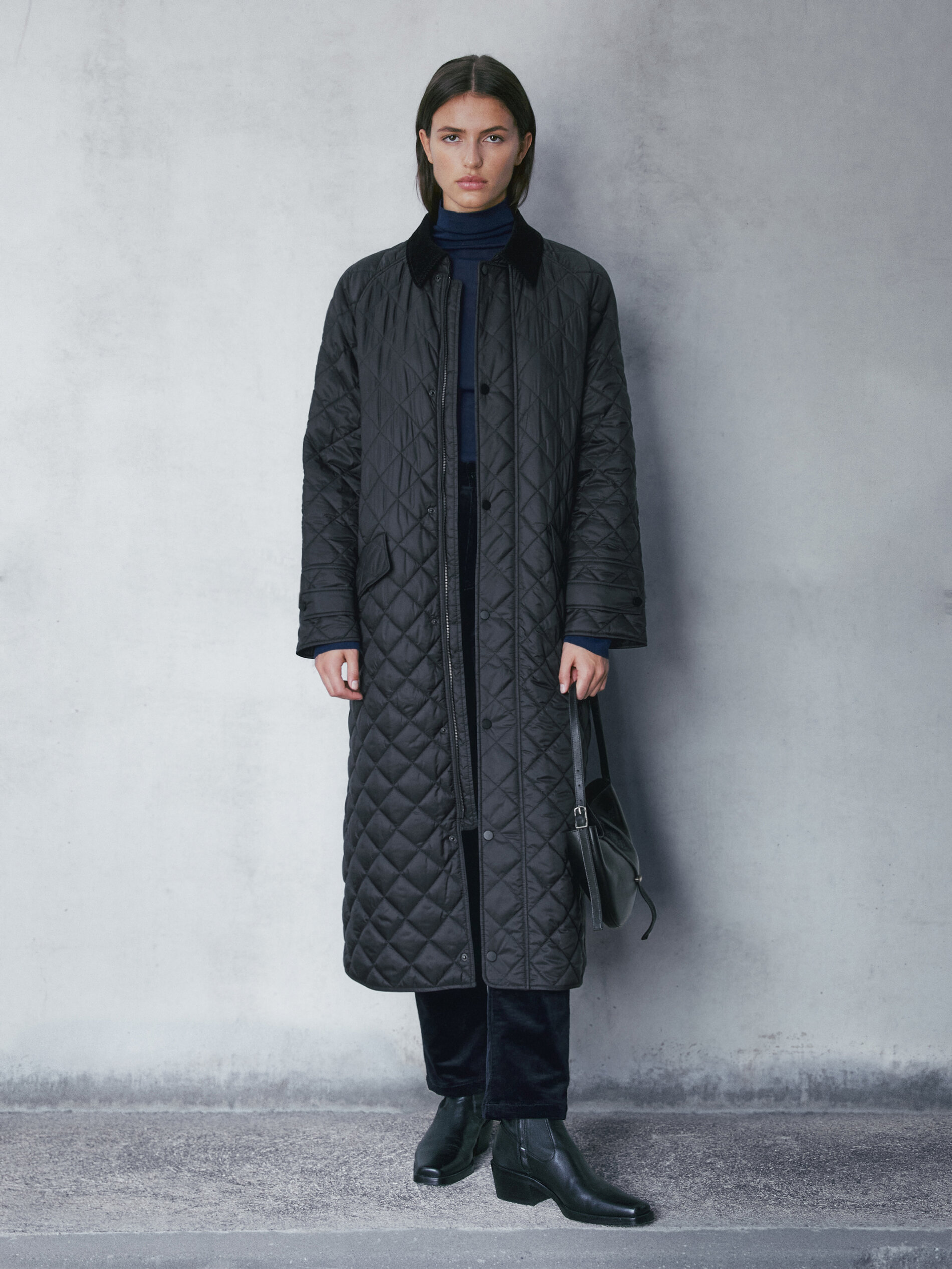 Massimo Dutti - Women - Long Padded Jacket with A Corduroy Collar - Black - Xs