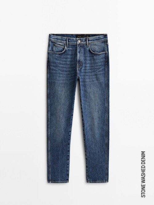 마시모두띠 청바지 Massimo Dutti Tapered-fit stonewashed jeans,INDIGO