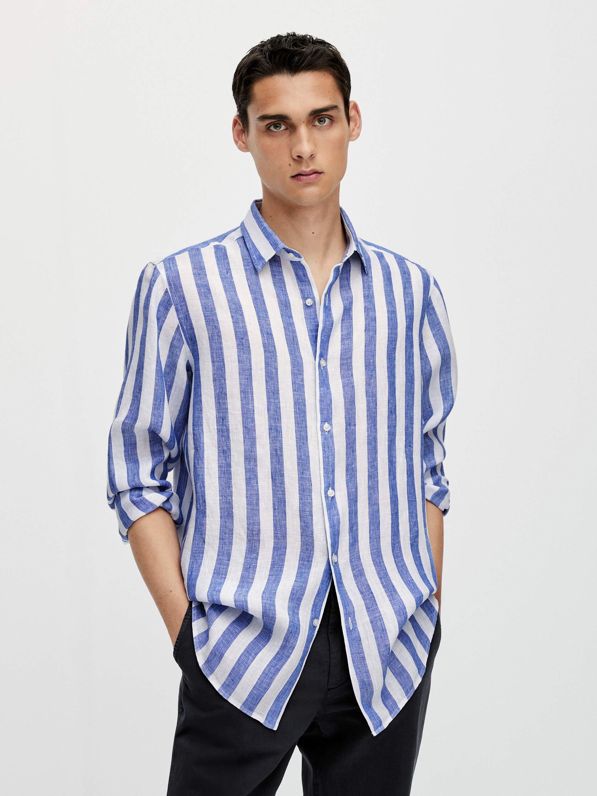 Slim-fit wide-striped linen shirt 