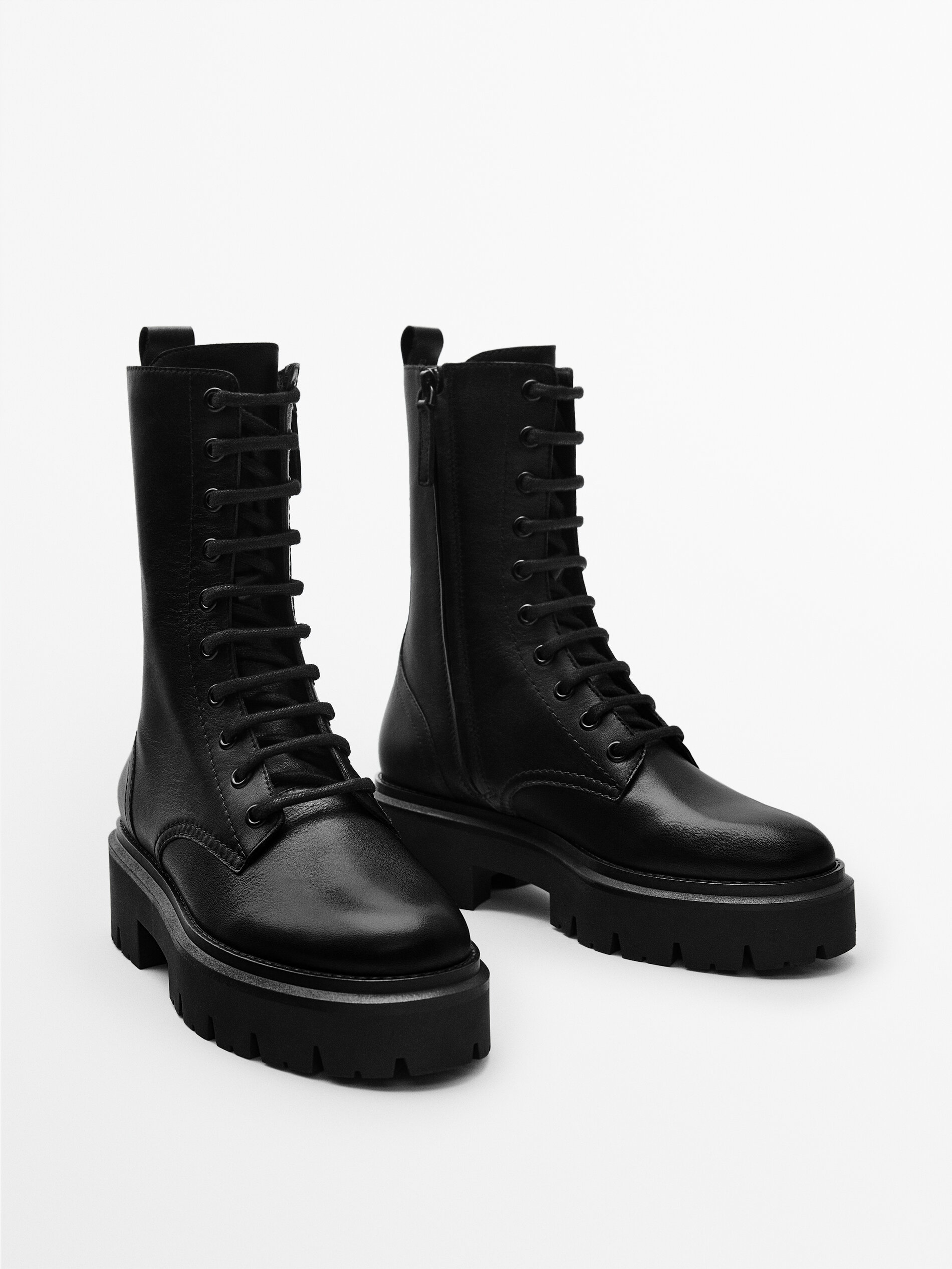 Leather lace-up ankle boots with track