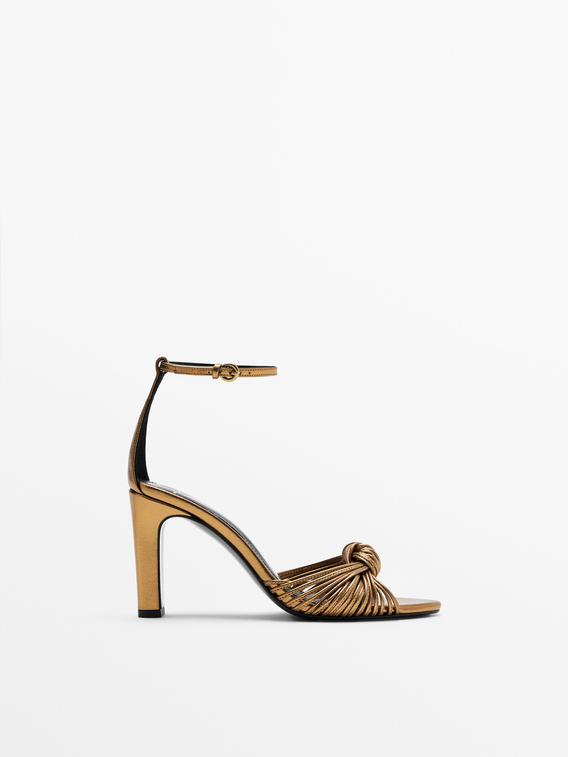 Sandalia tacón piel tiras metalizadas -Studio - Massimo Dutti España