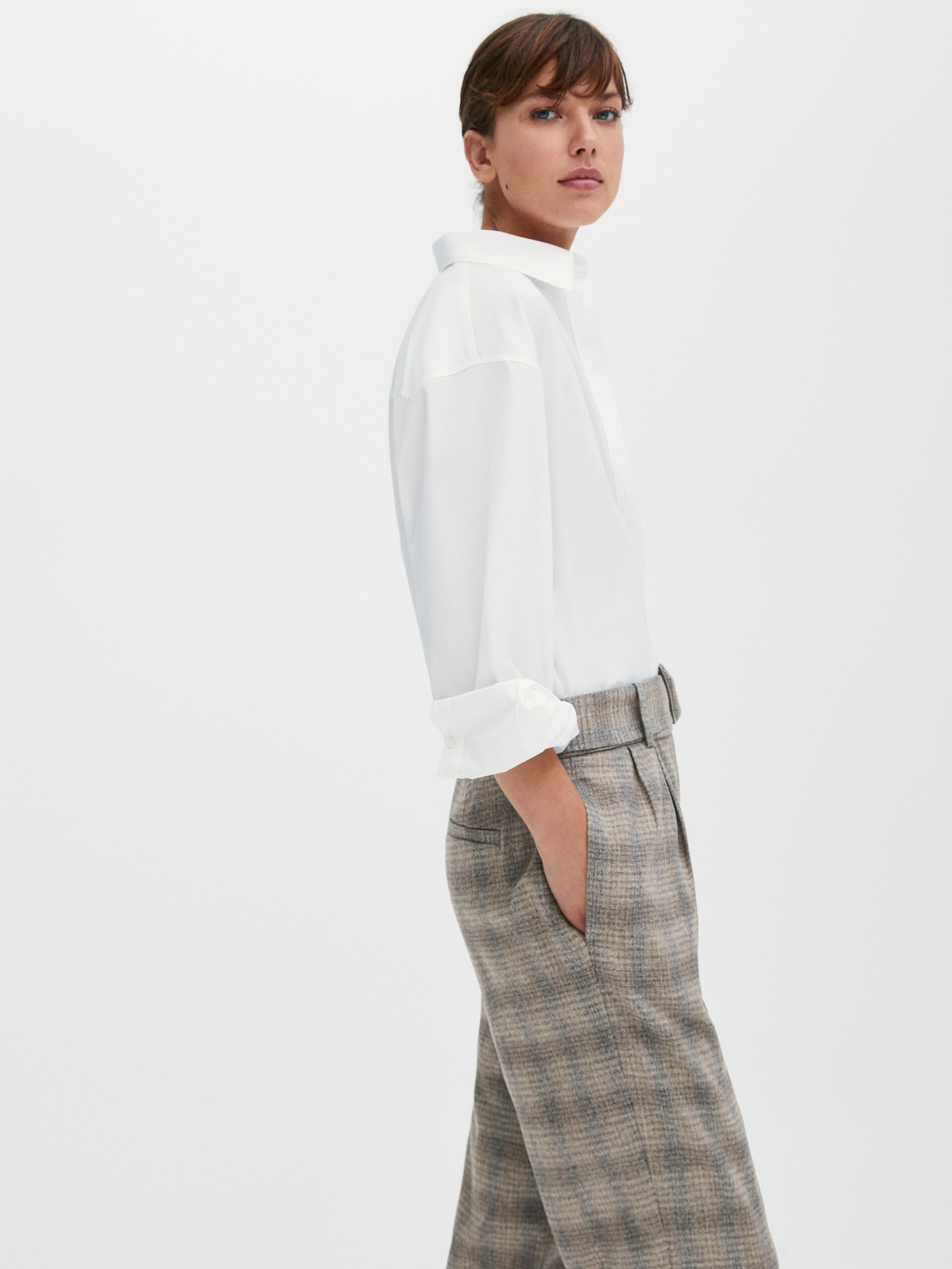 Wool check trousers with belt