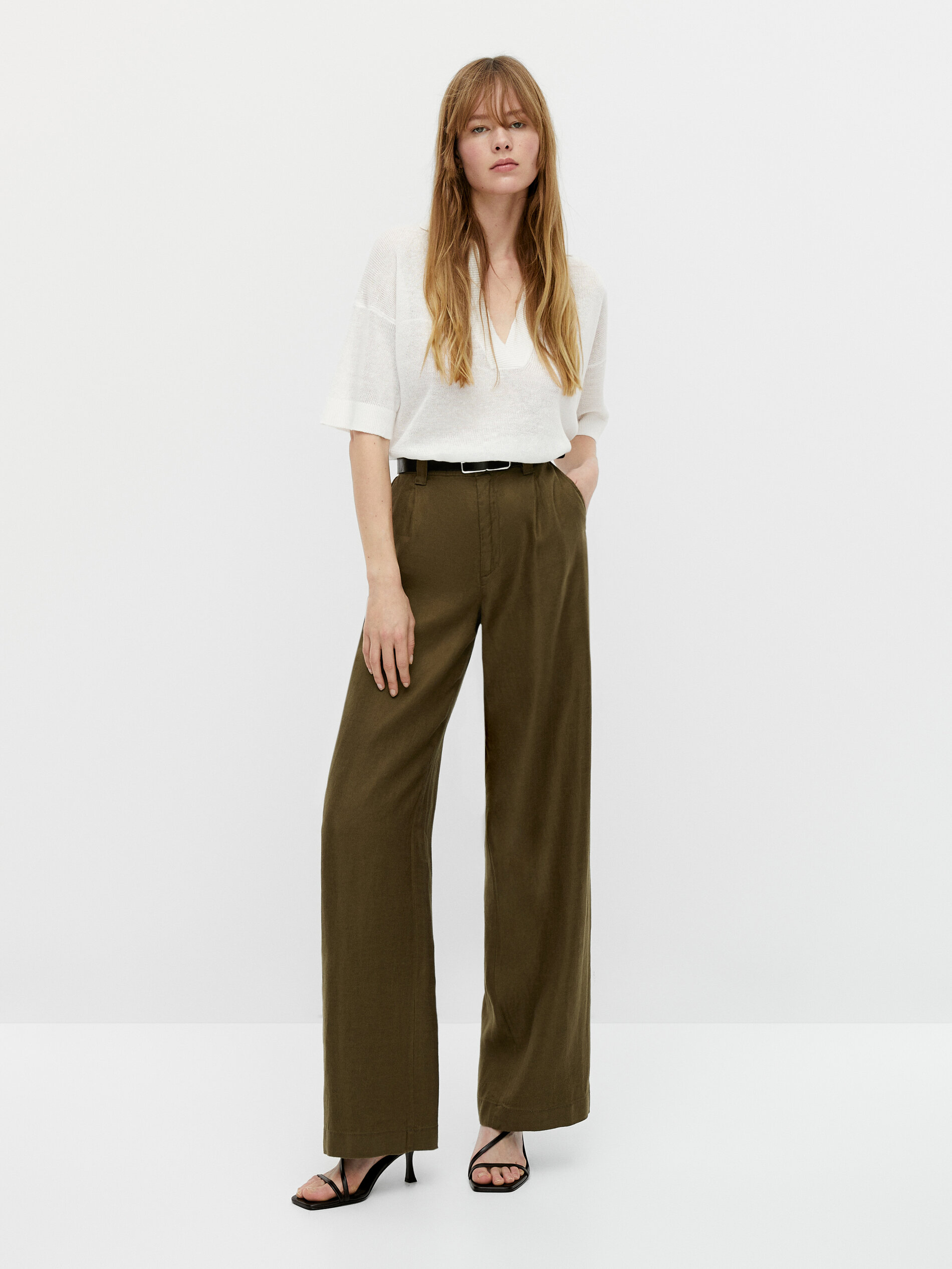 Pantalón lino tiro alto pierna ancha - Massimo Dutti España