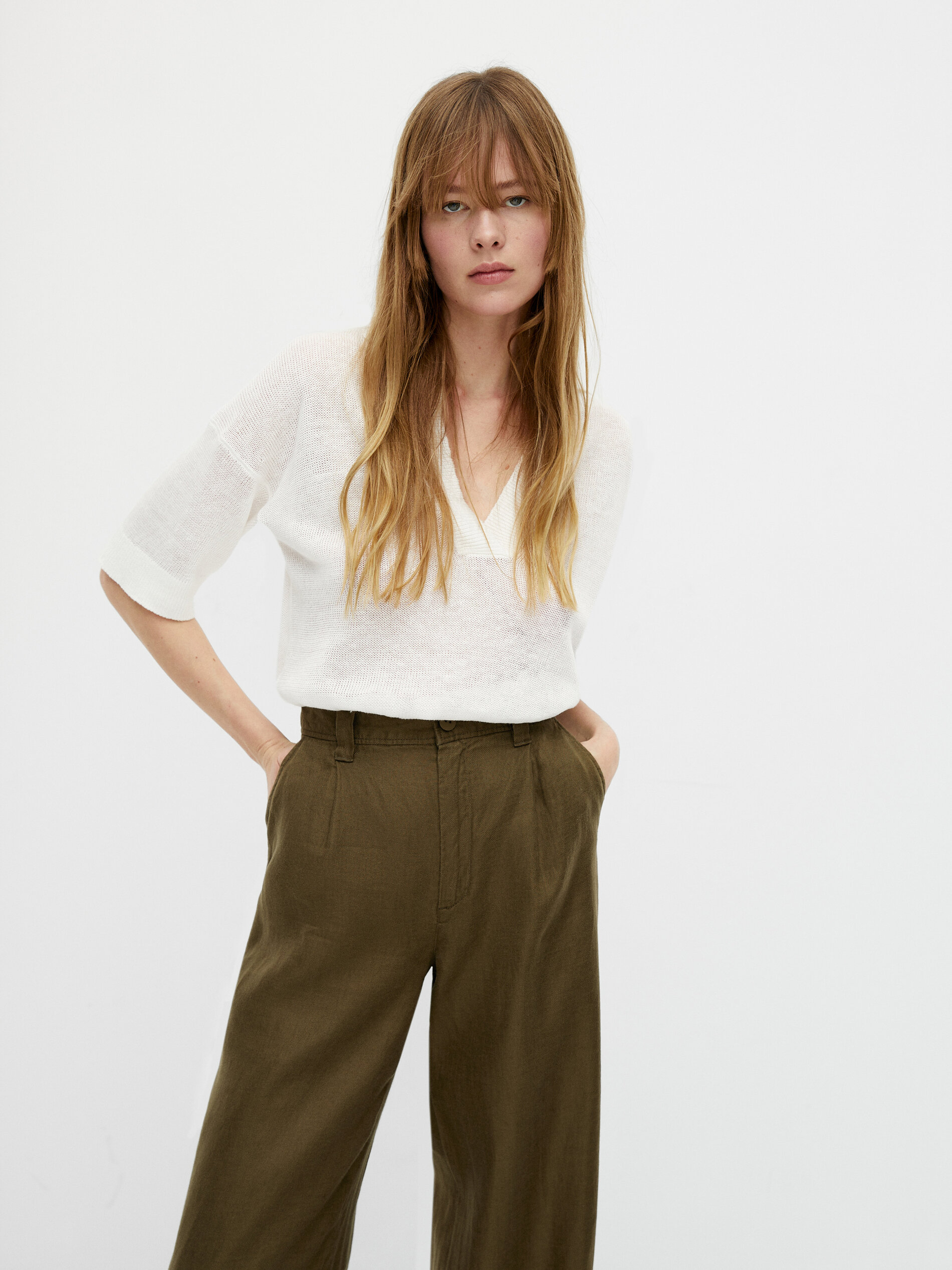 Pantaloni di lino a vita alta con gamba larga - Massimo Dutti Italia