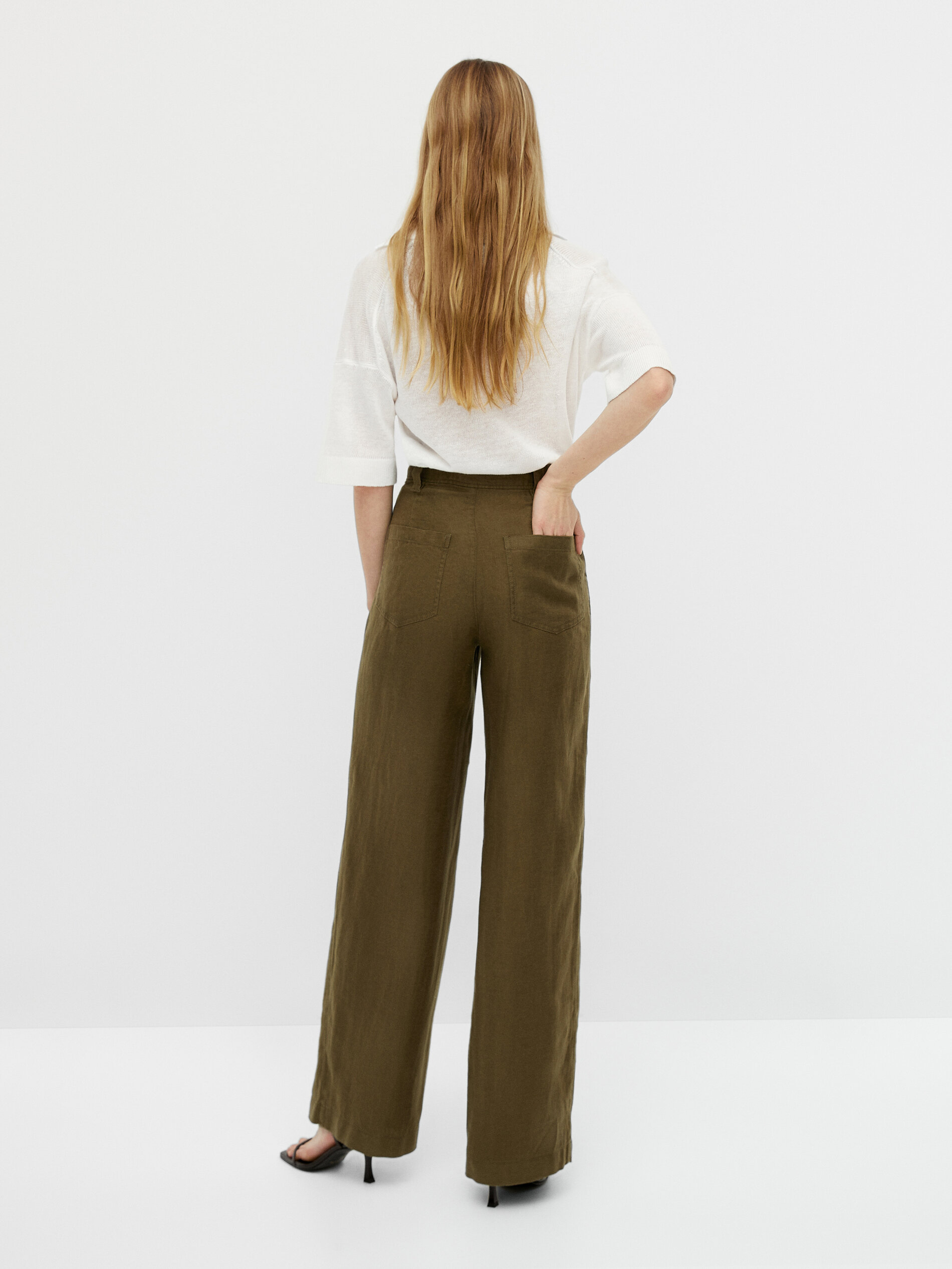 Pantaloni di lino a vita alta con gamba larga - Massimo Dutti Italia