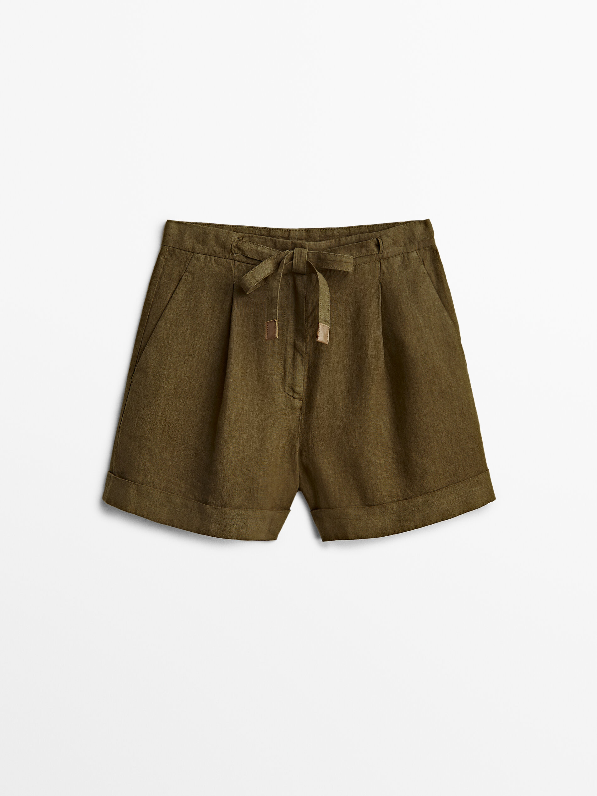 Bermuda di lino con allacciatura e dettaglio in pelle - Massimo Dutti Italia