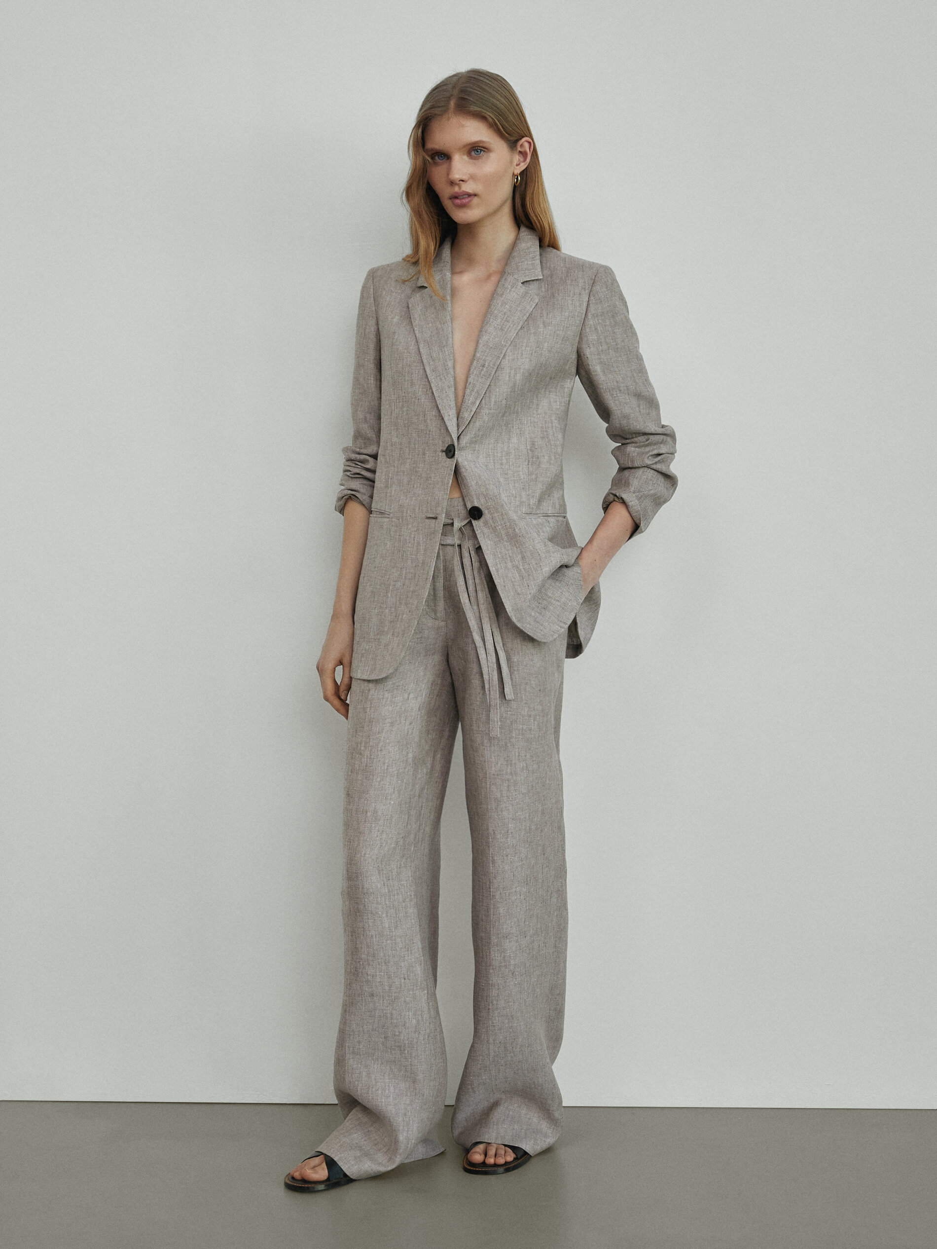 Grey linen trousers with double belt 