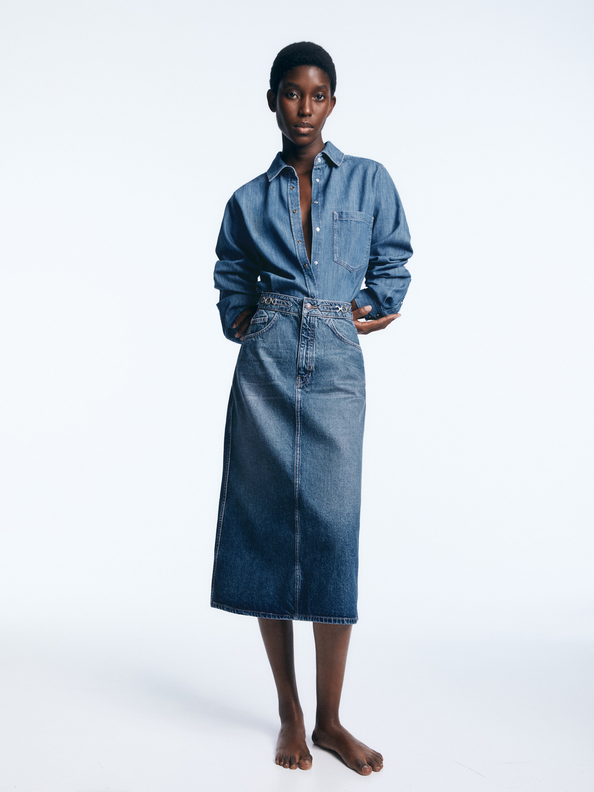 Denim midi skirt with chain detail 