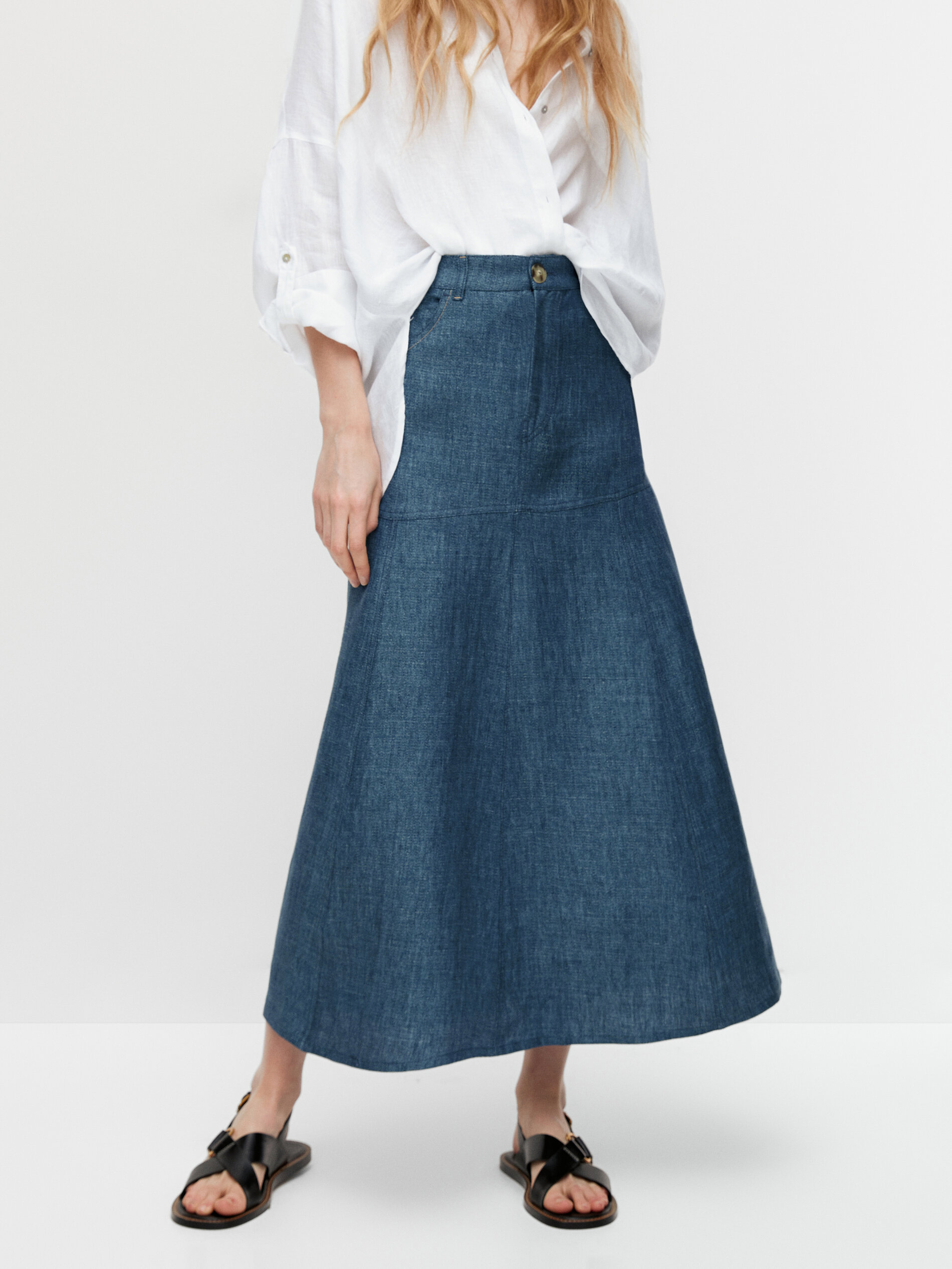 Falda midi tipo denim 100% lino - Massimo Dutti España