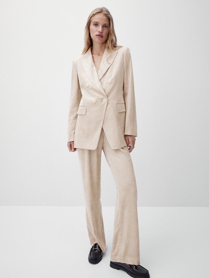 마시모두띠 수트 재킷 Massimo Dutti Loose-fitting corduroy double-breasted suit blazer,White