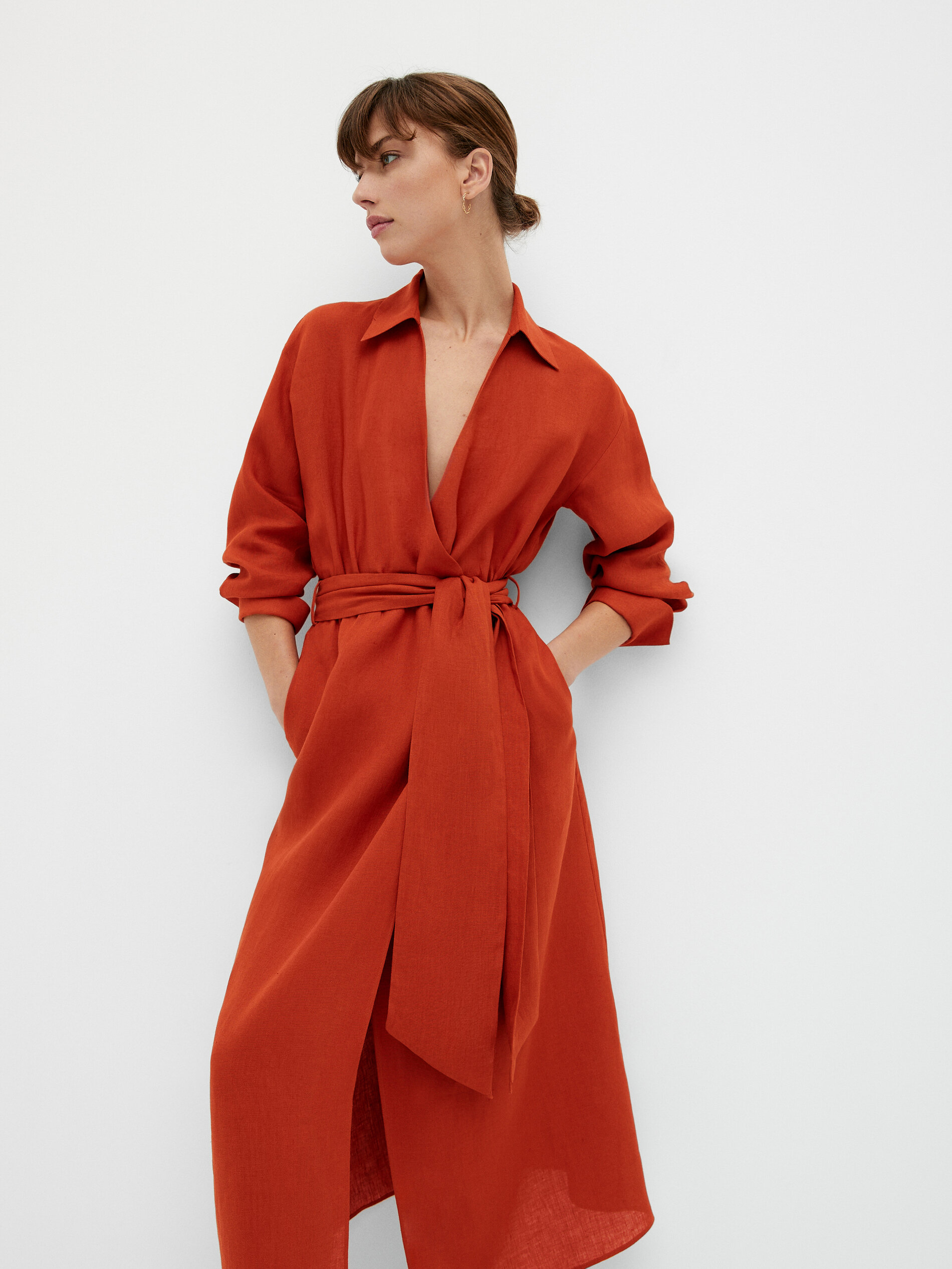 Vestido largo cruzado lino - Massimo Dutti España