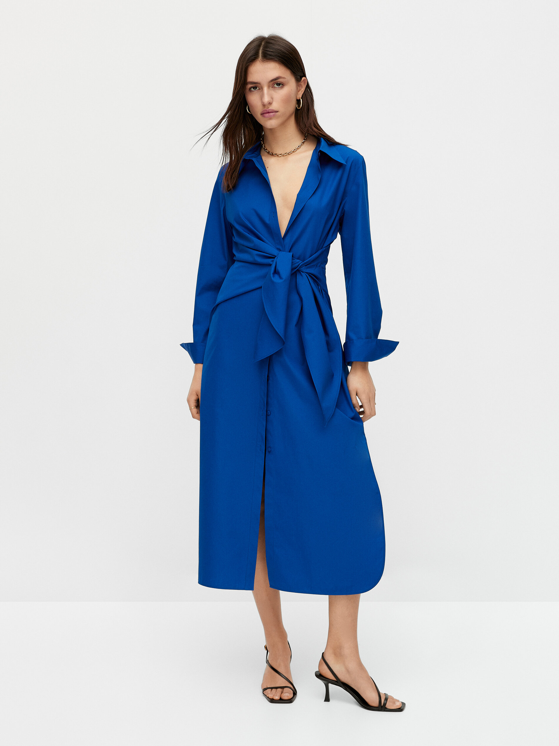 Vestido largo popelín nudo lateral - Massimo Dutti España