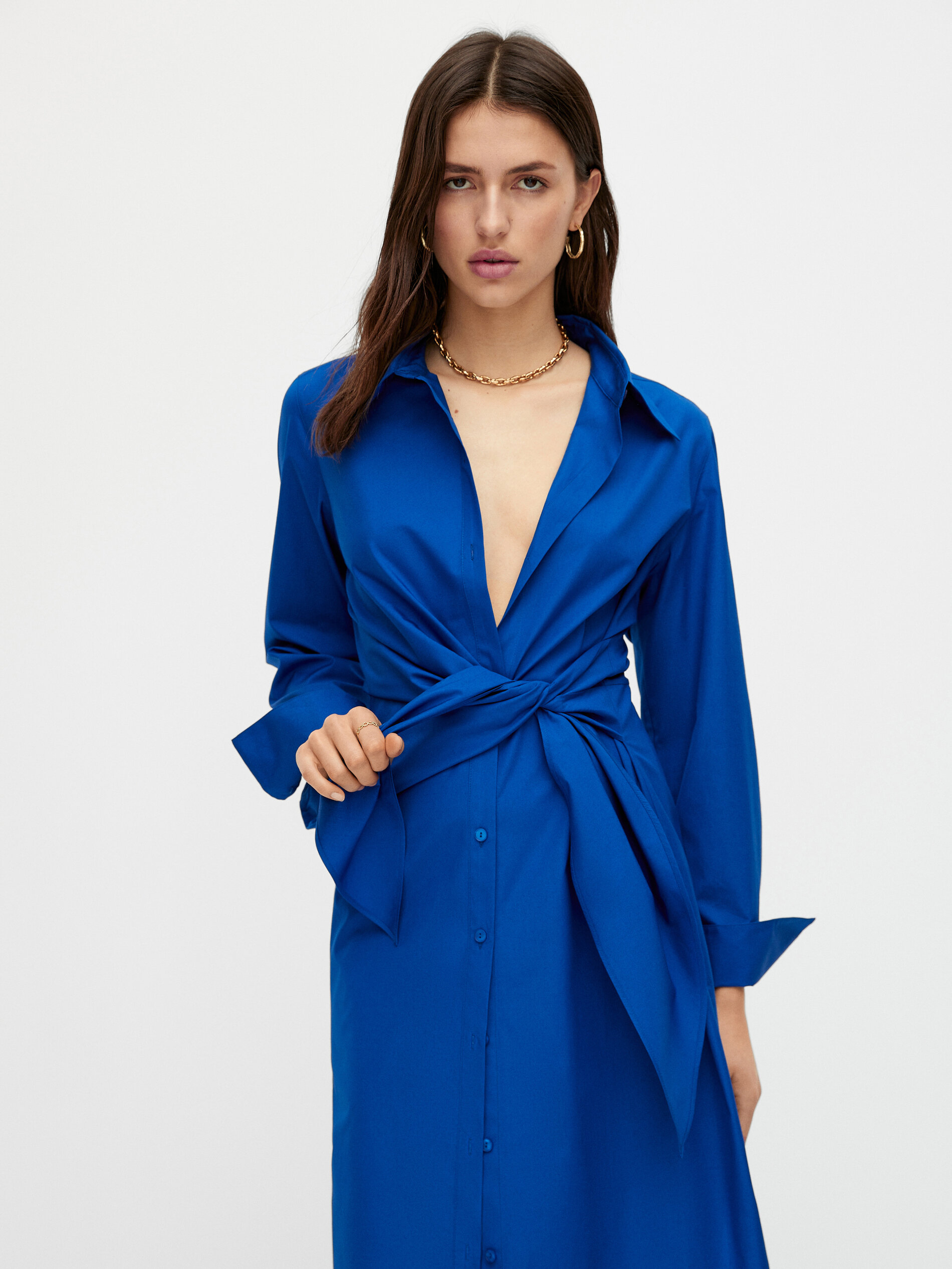 Vestido largo popelín nudo lateral - Massimo Dutti España