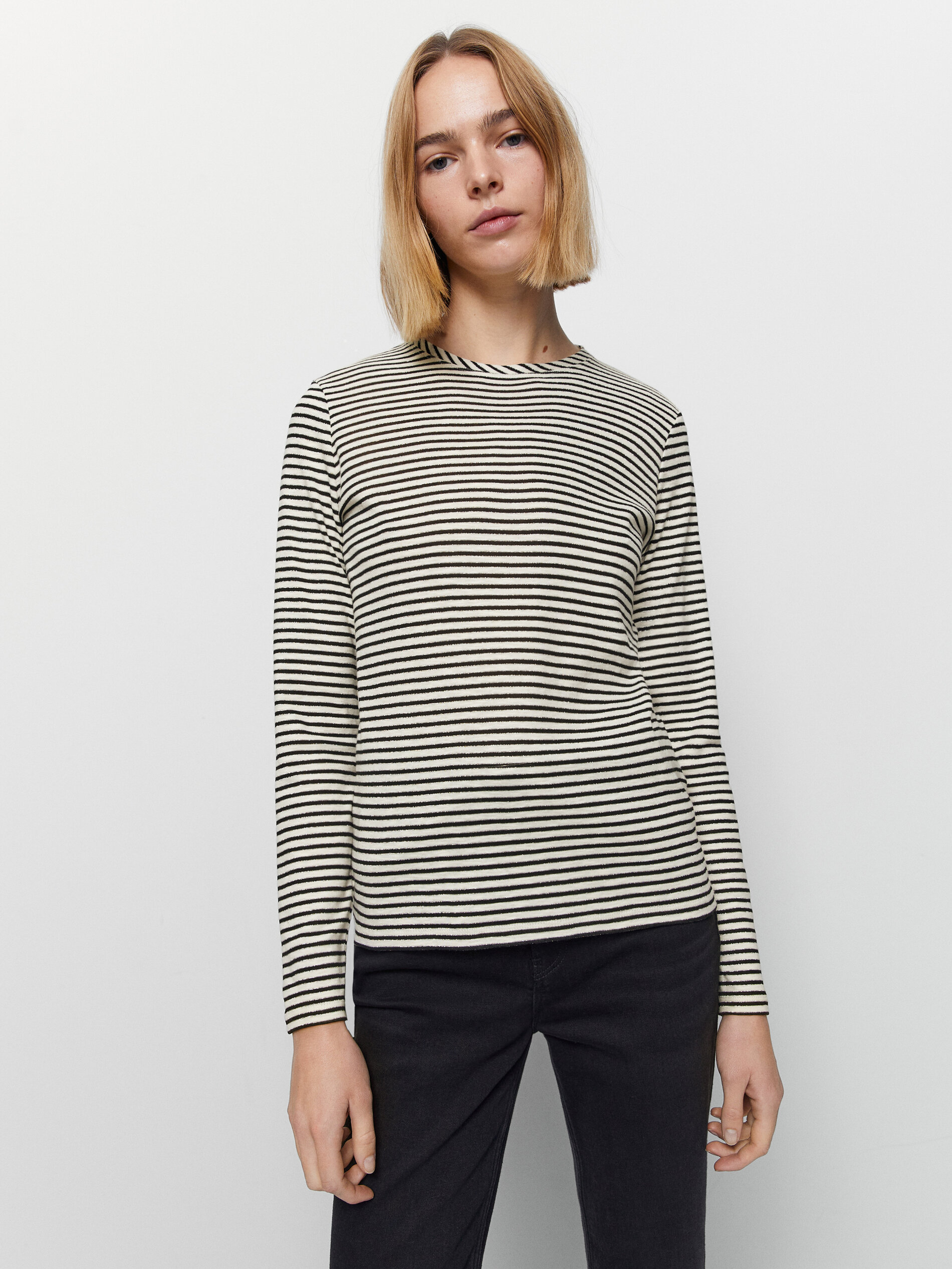 Cotton T-shirt with metallic thread stripes