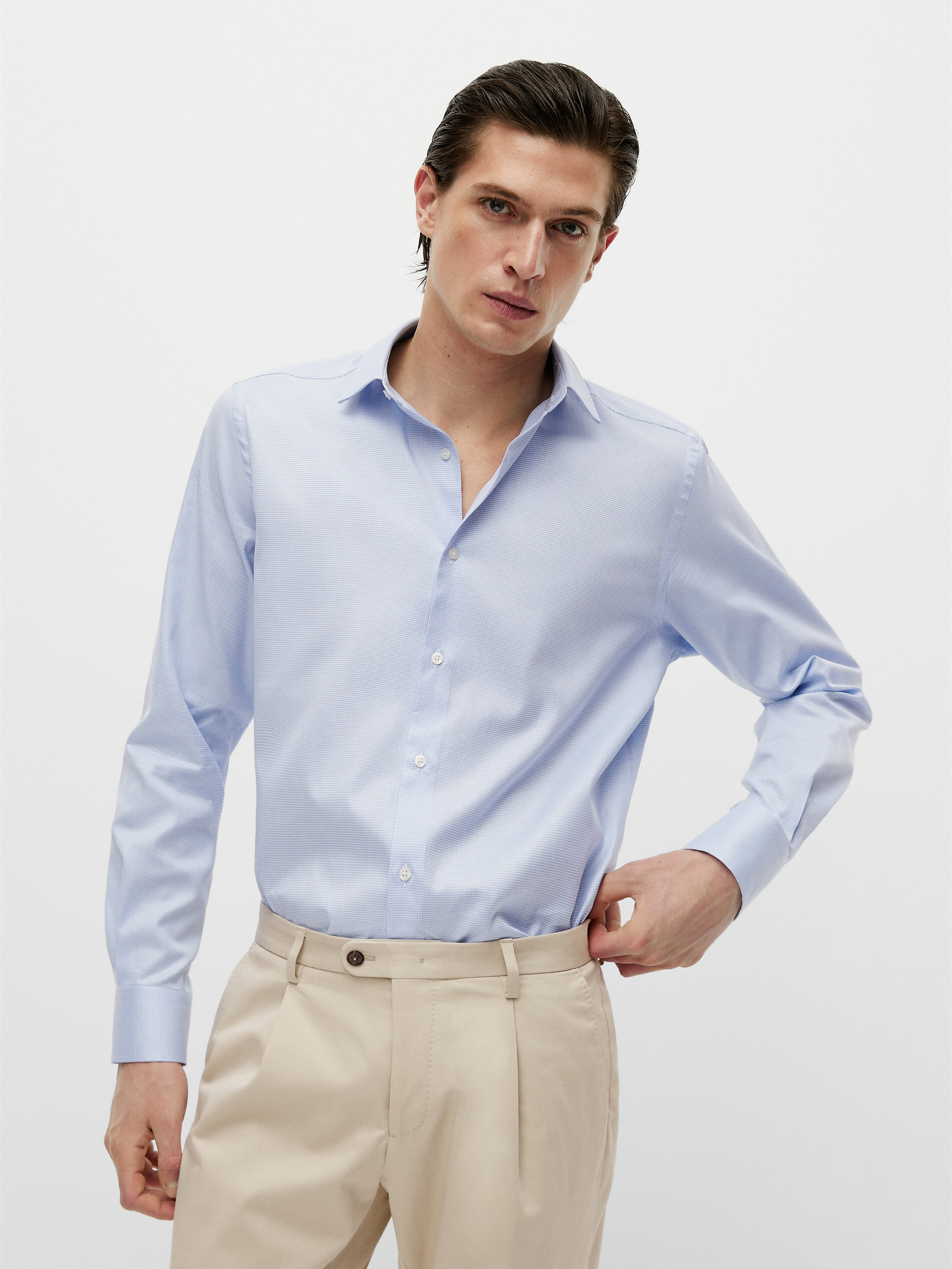 Camisa azul microcuadro slim fit - Massimo Dutti España