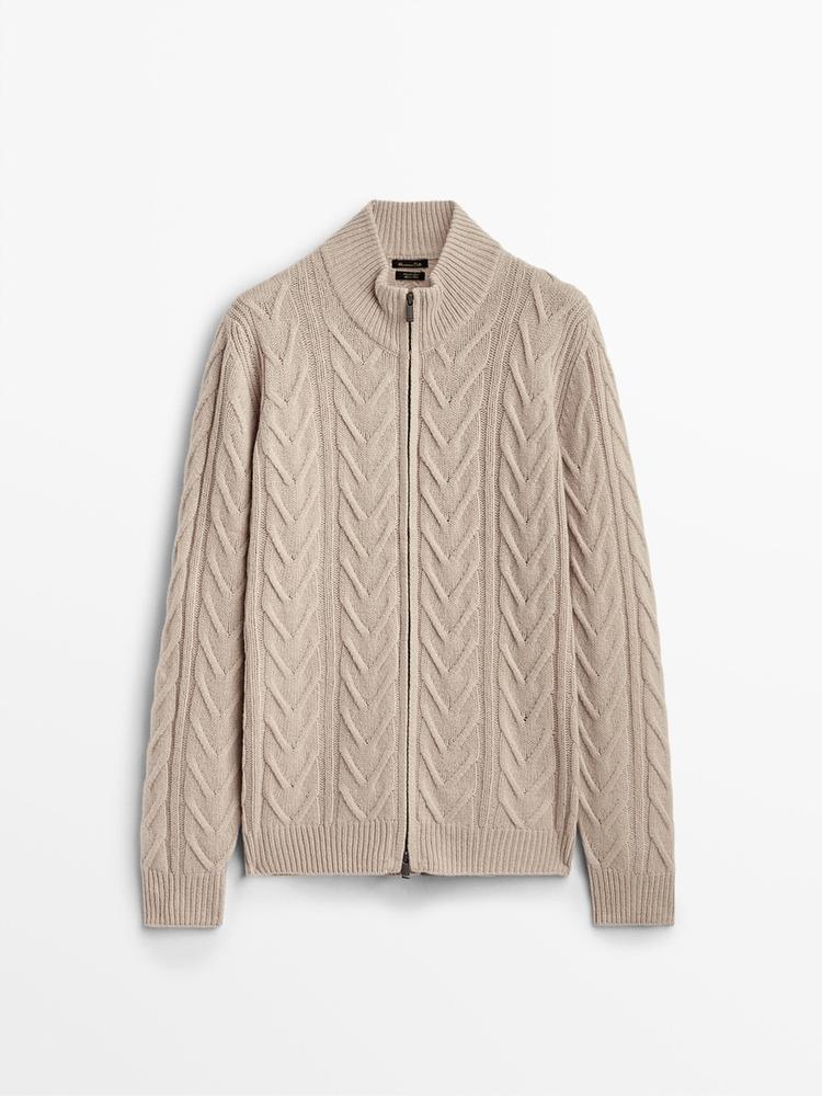 CABLE-KNIT WOOL CARDIGA