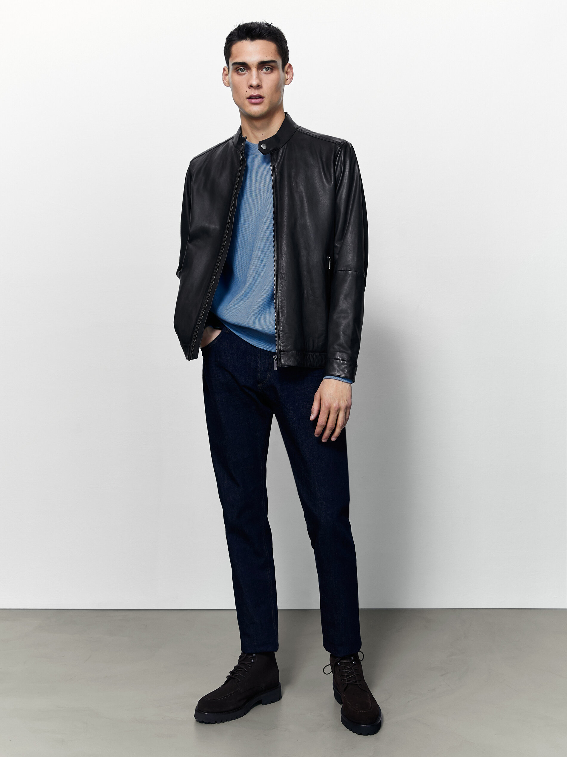 massimo dutti navy leather jacket