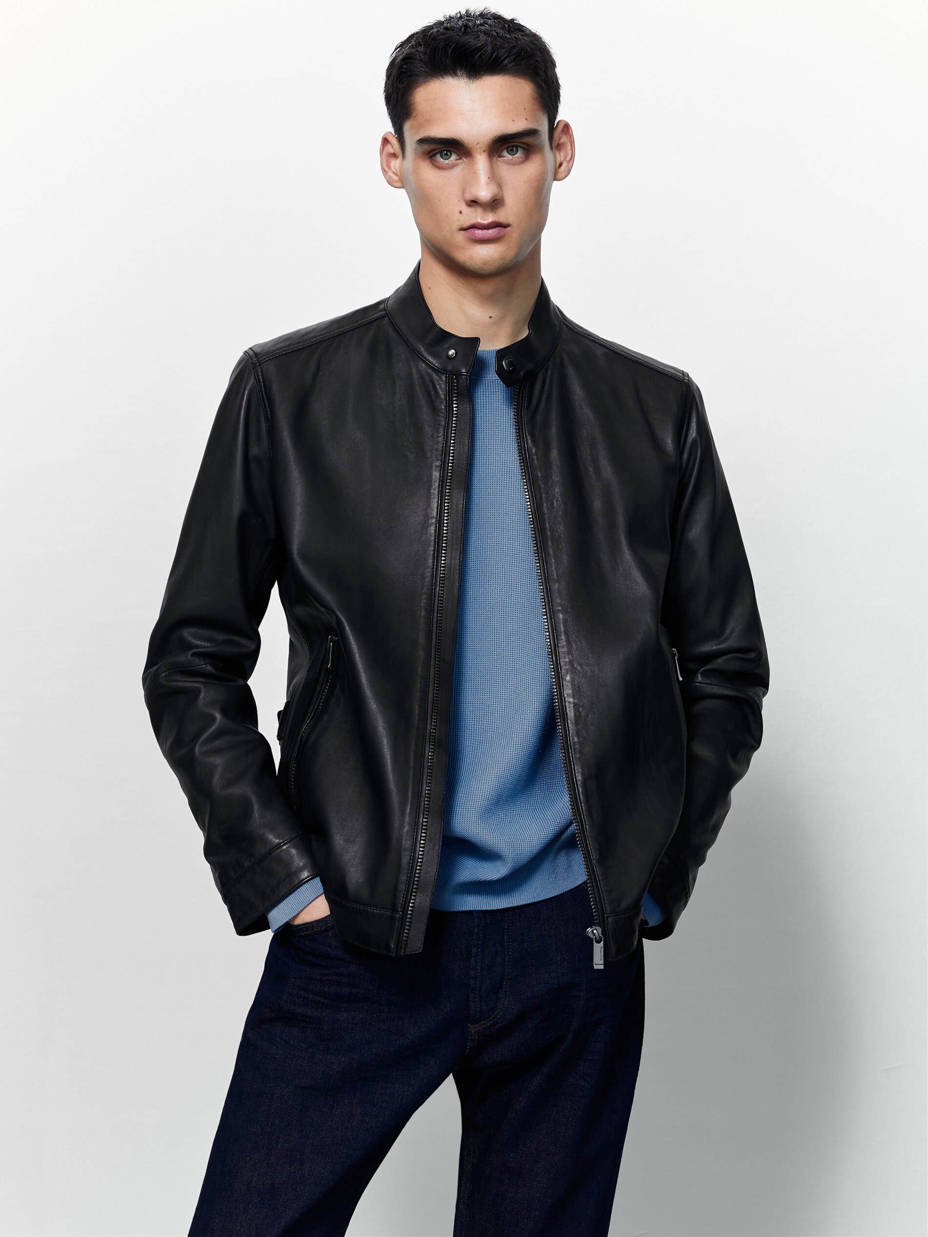 leather navy jacket
