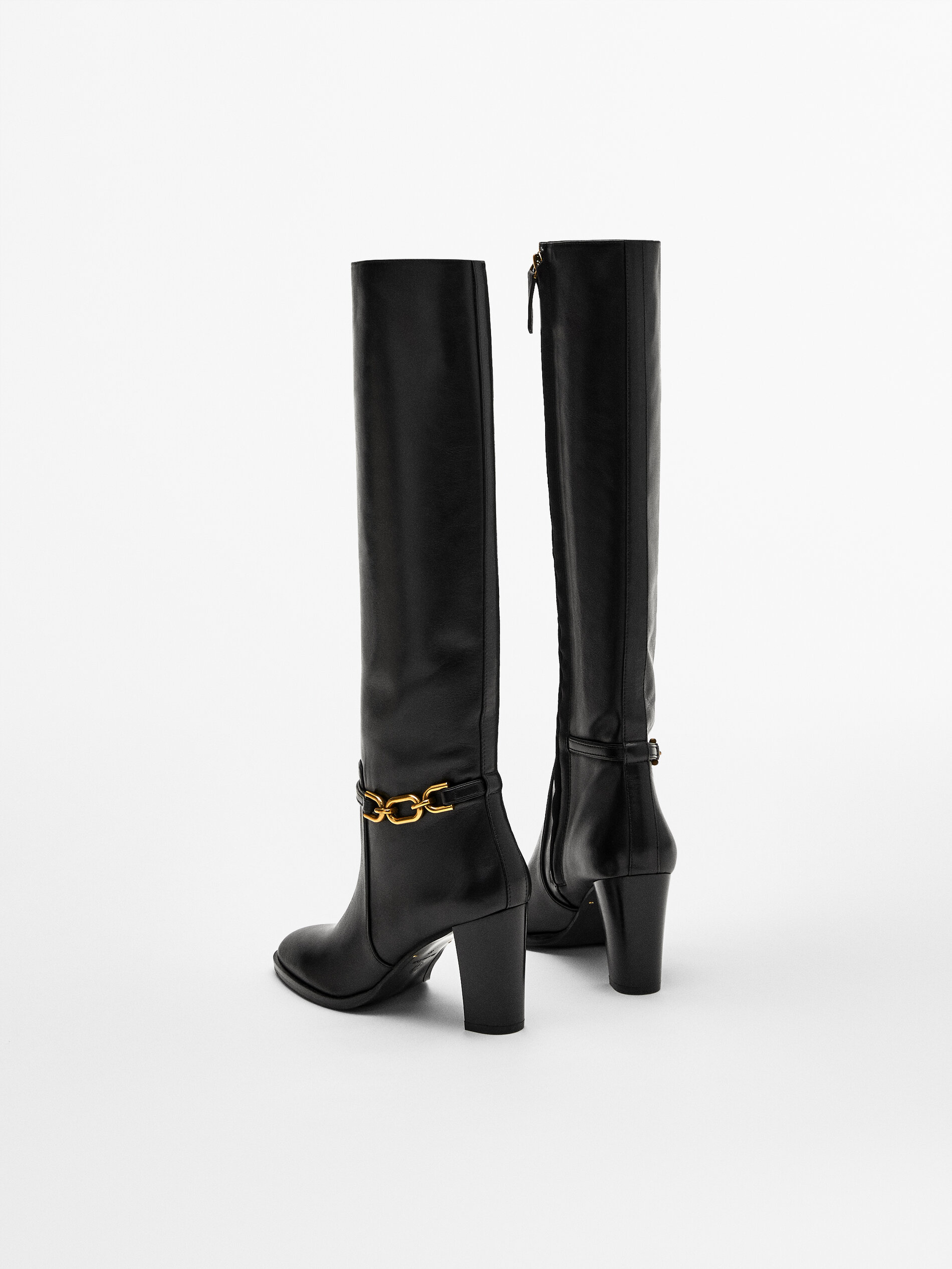 Bota piel tacón detalle cadena - Massimo Dutti España