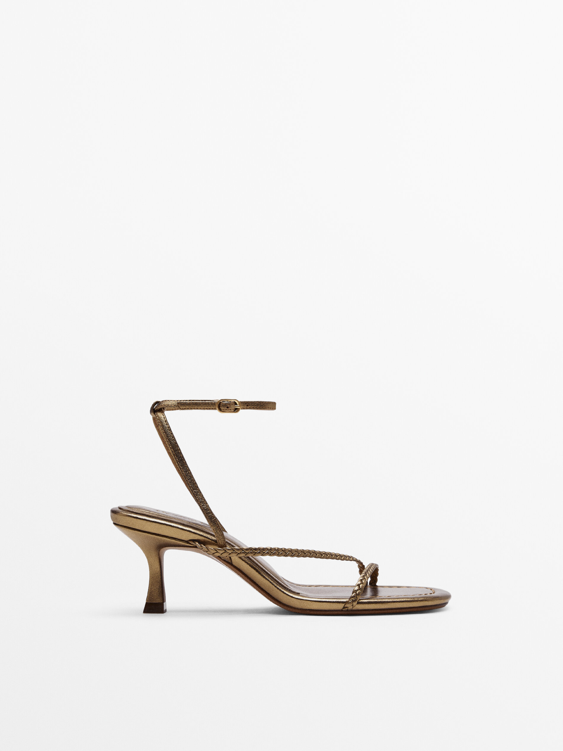 Sandalia tacón medio piel tiras trenzadas - Massimo Dutti España