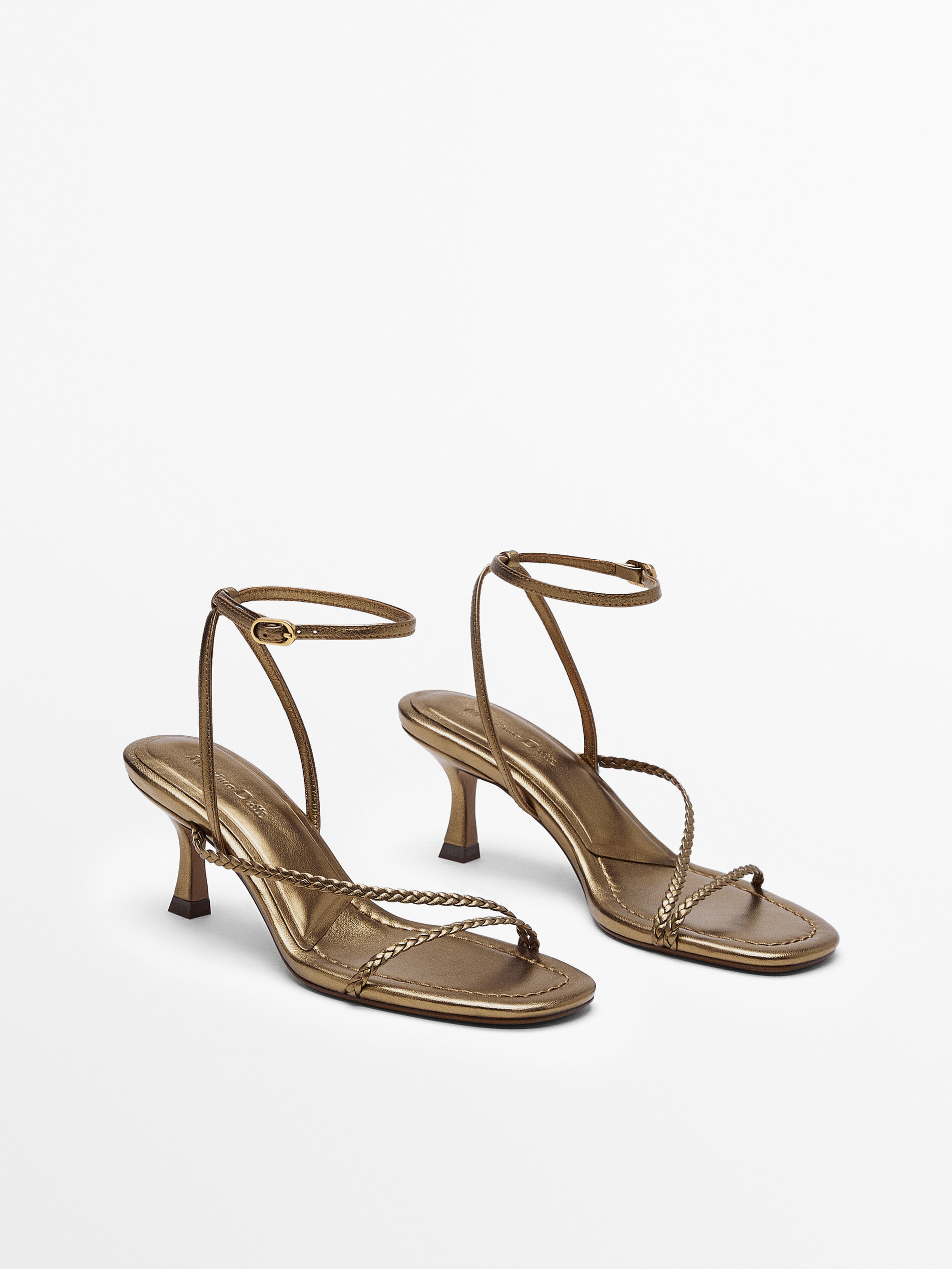Sandalia tacón medio piel tiras trenzadas - Massimo Dutti España