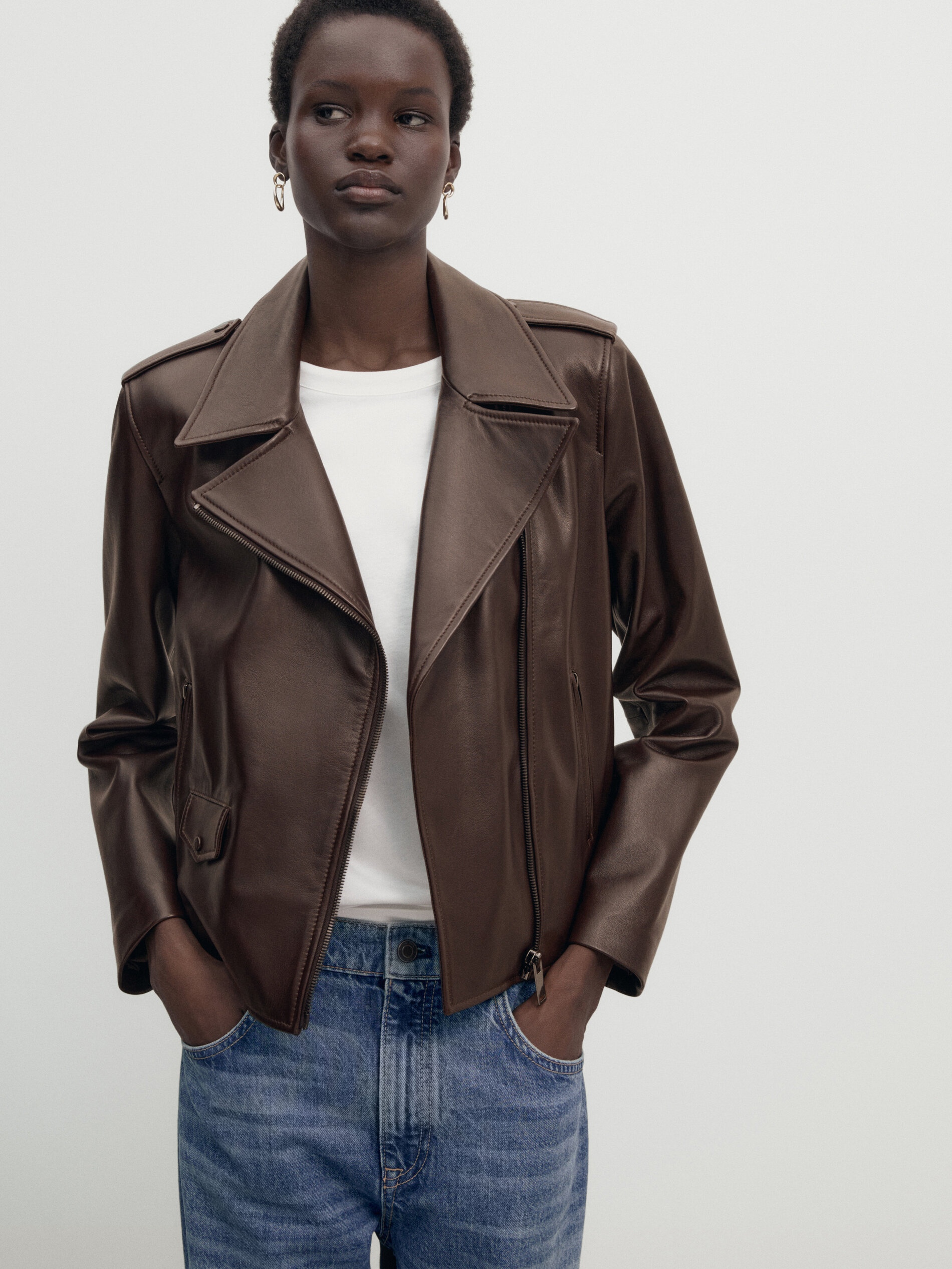 Blouson style motard en cuir nappa Bordeaux Jupes Massimo Dutti