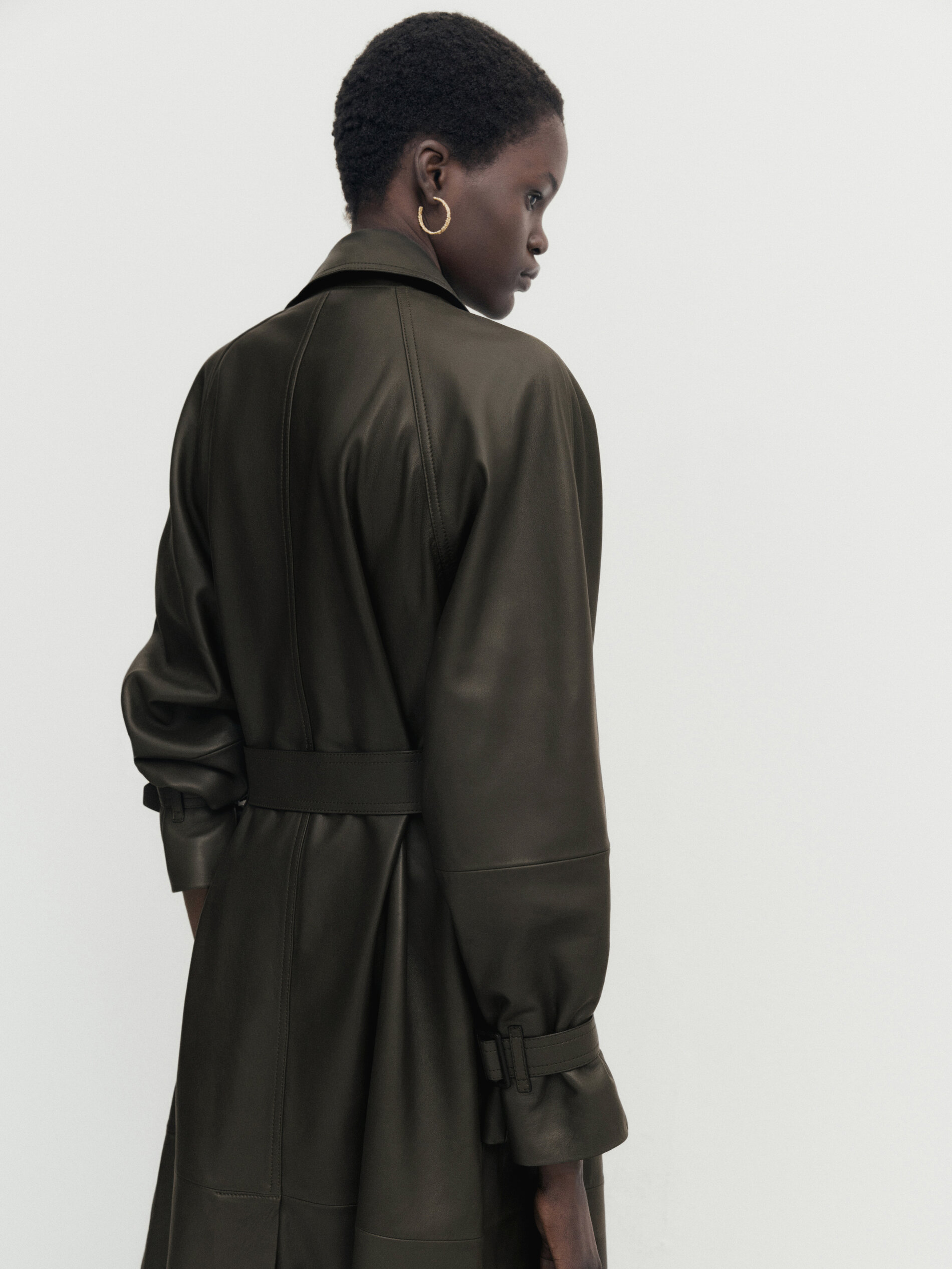 Nappa leather trench style coat with belt Khaki Skirts