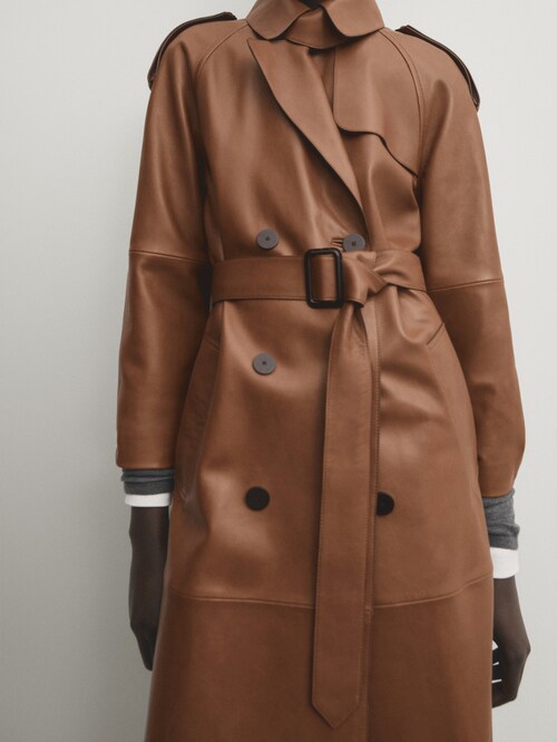 Massimo Dutti - - Cropped Nappa Leather Trench Coat - Black - M