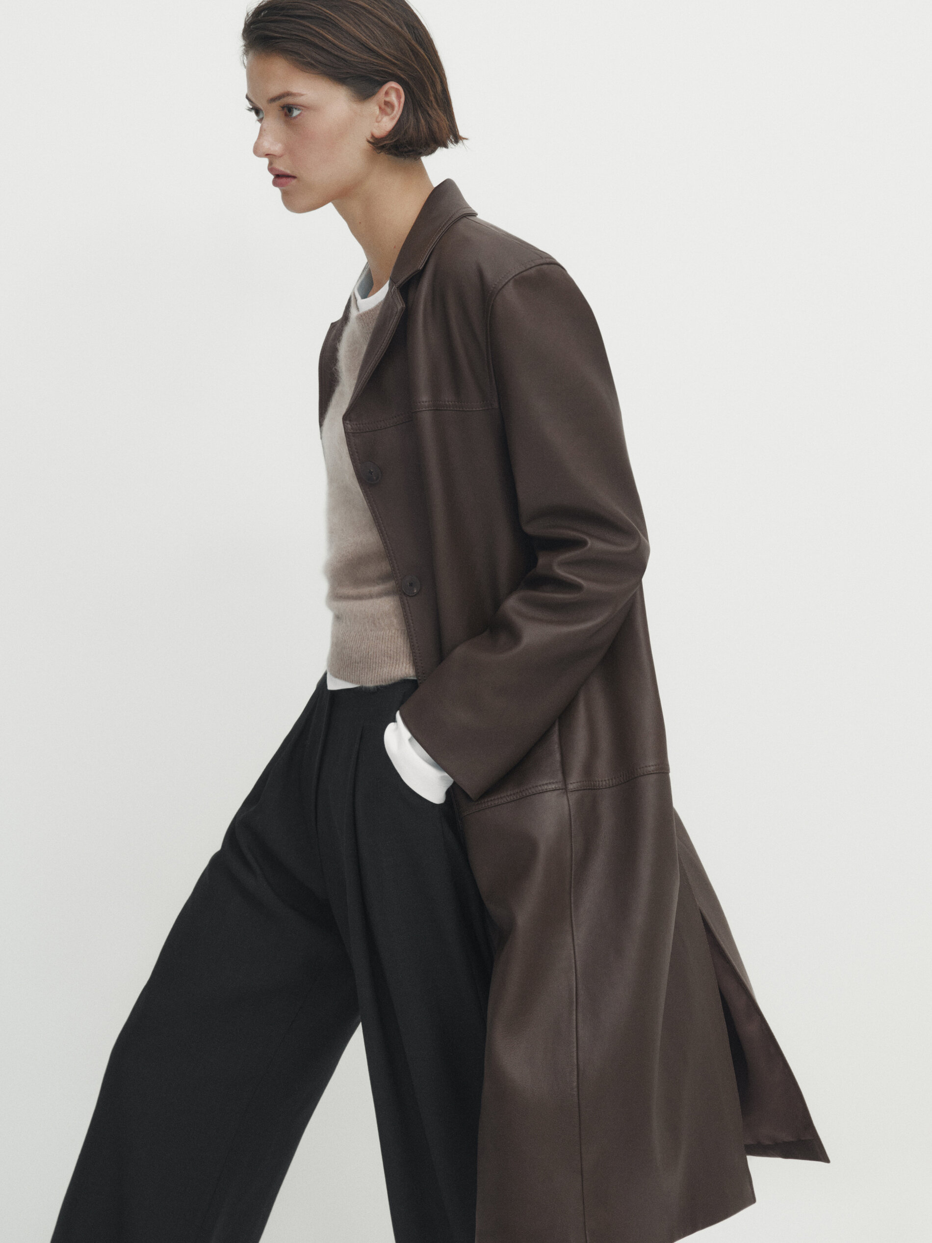 Manteau long droit en cuir nappa Marron Taupe Jupes Massimo